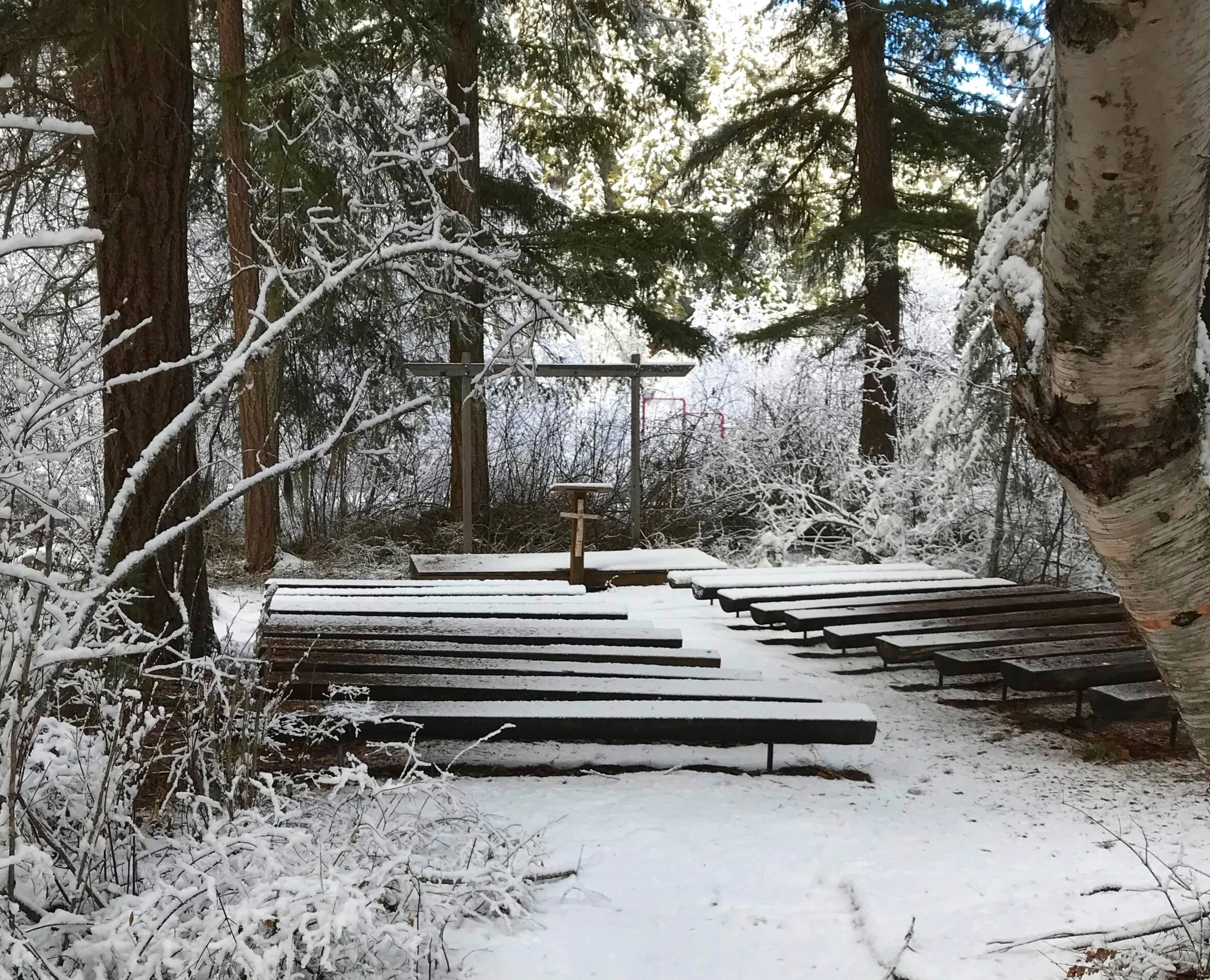 Outdoor Chapel: Benches, platform, podium, seats 120