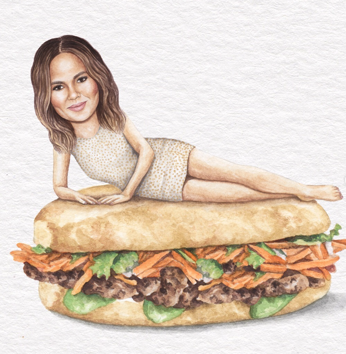 Chrissy Teigen on a roasted pork banh mi; image via Celebs on Sandwiches on Instagram
