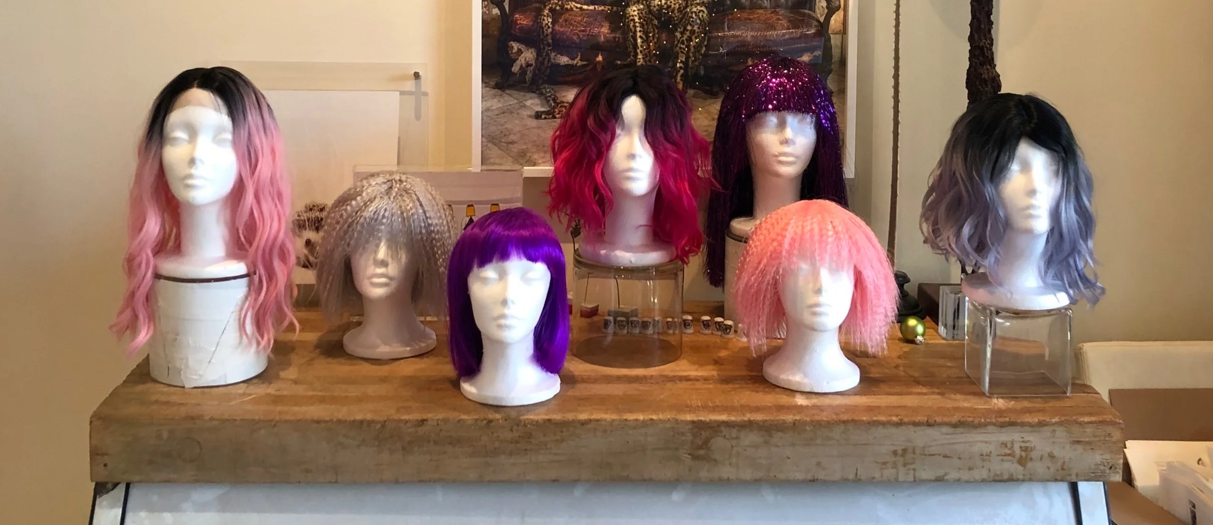 Wigs waiting to greet the guests upon arrival. Shout out to Shiloh… leadin’ the pack on the far left