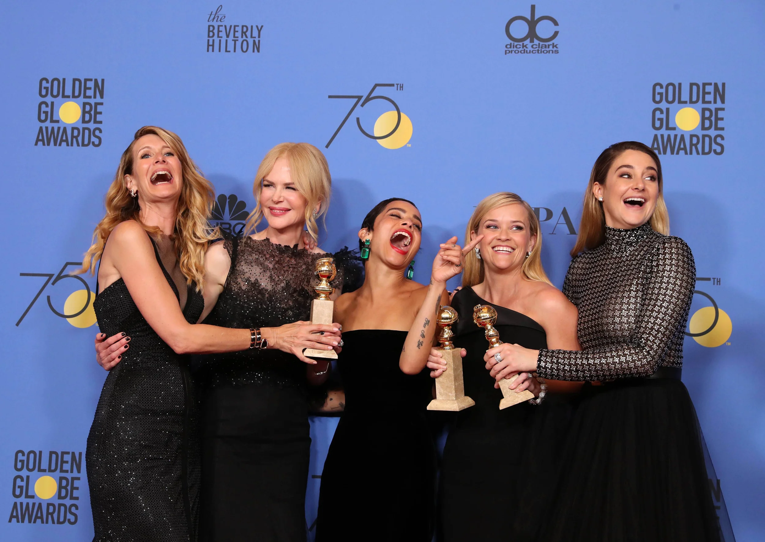 The cast of ‘Big Little Lies’ celebrating their multiple wins from the 2018 Golden Globe Award Presentation; Image via Golden Globes