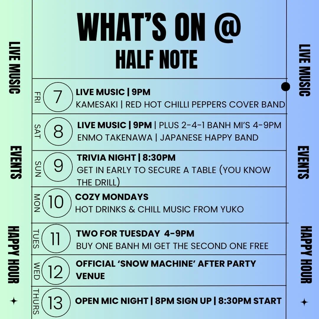 The season may be quietening down but our schedule is still as full as ever! 
More amazing musicians joining us this week as well as our second last Trivia Night of the season (I know, we are crying too)
To our regulars that are heading off soon, mak