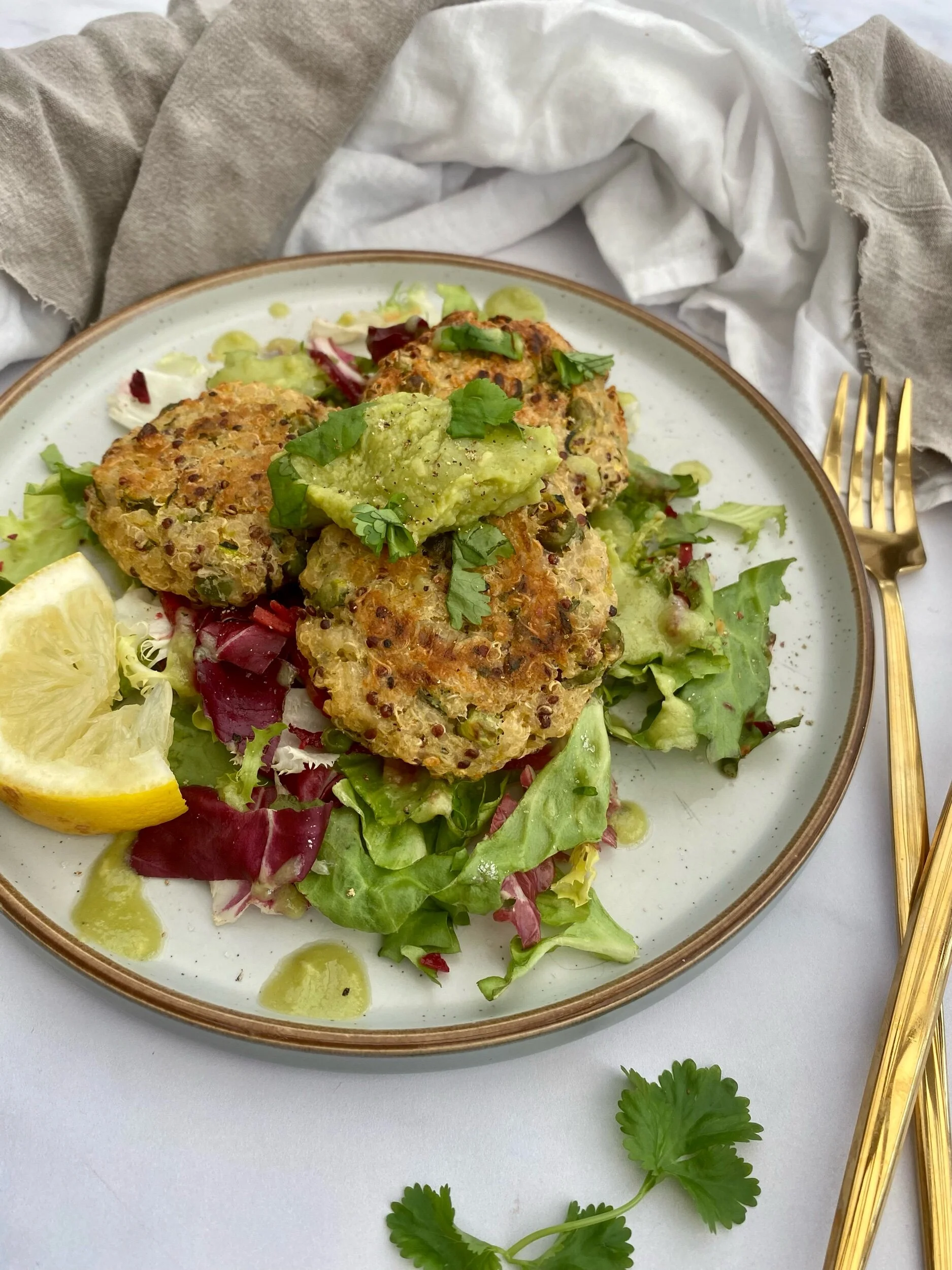 Courgette and pea fritters with avocado smash