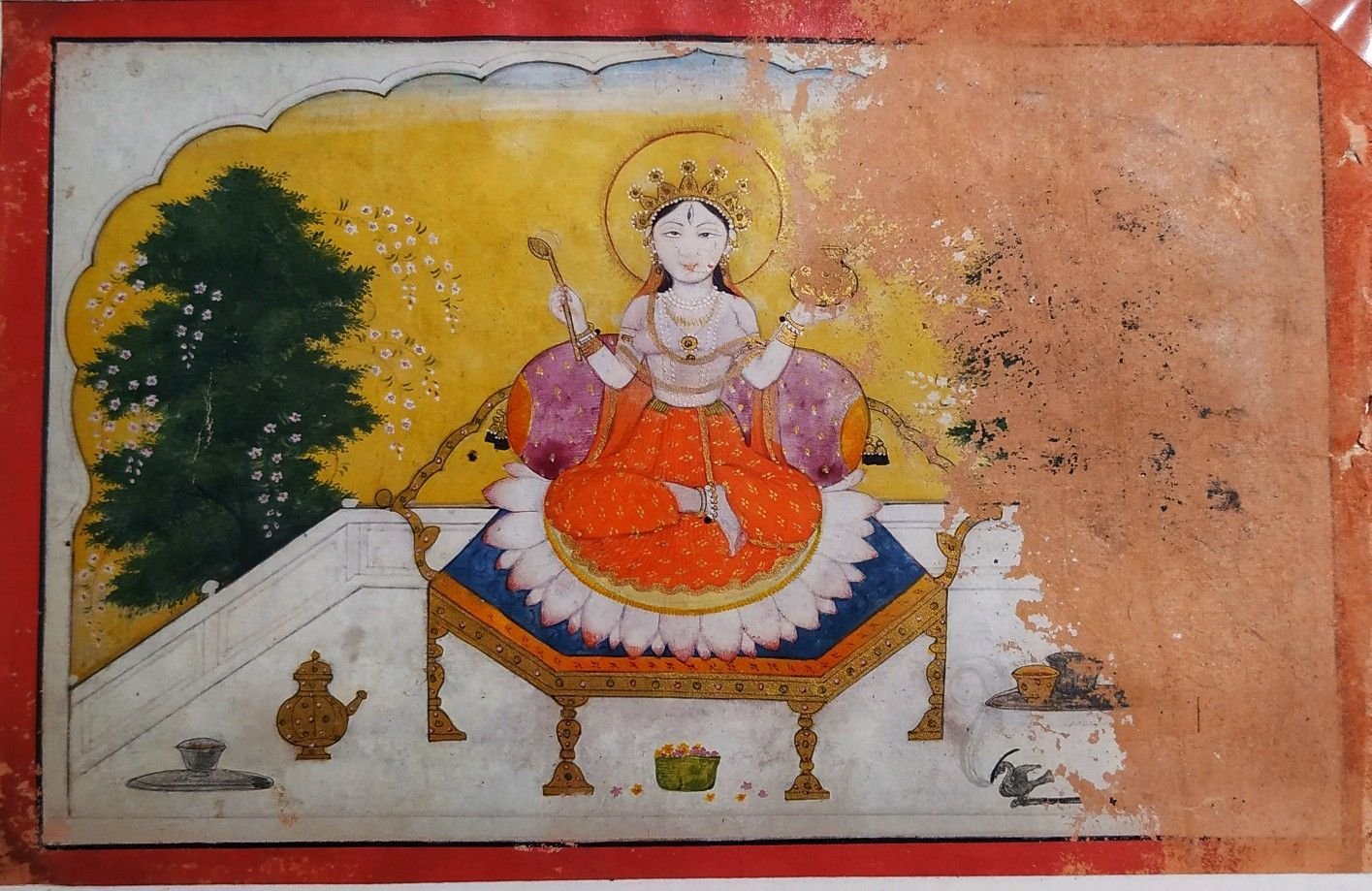 Pahari miniature painting of a seated goddess, circa 19th century. Kangra Art Museum, Dharamshala