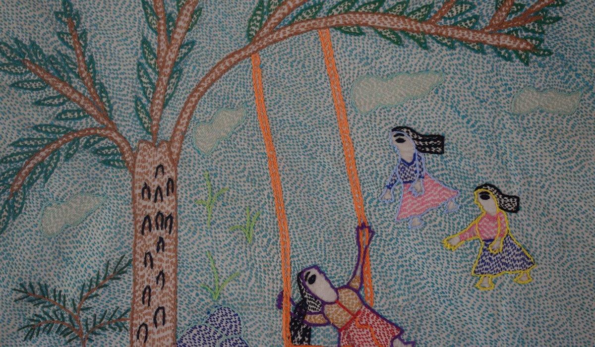  Detail of a sujani wall hanging with a 'secular' theme, made by the women of the Sujanimahila Jeevan Foundation in Bihar.  