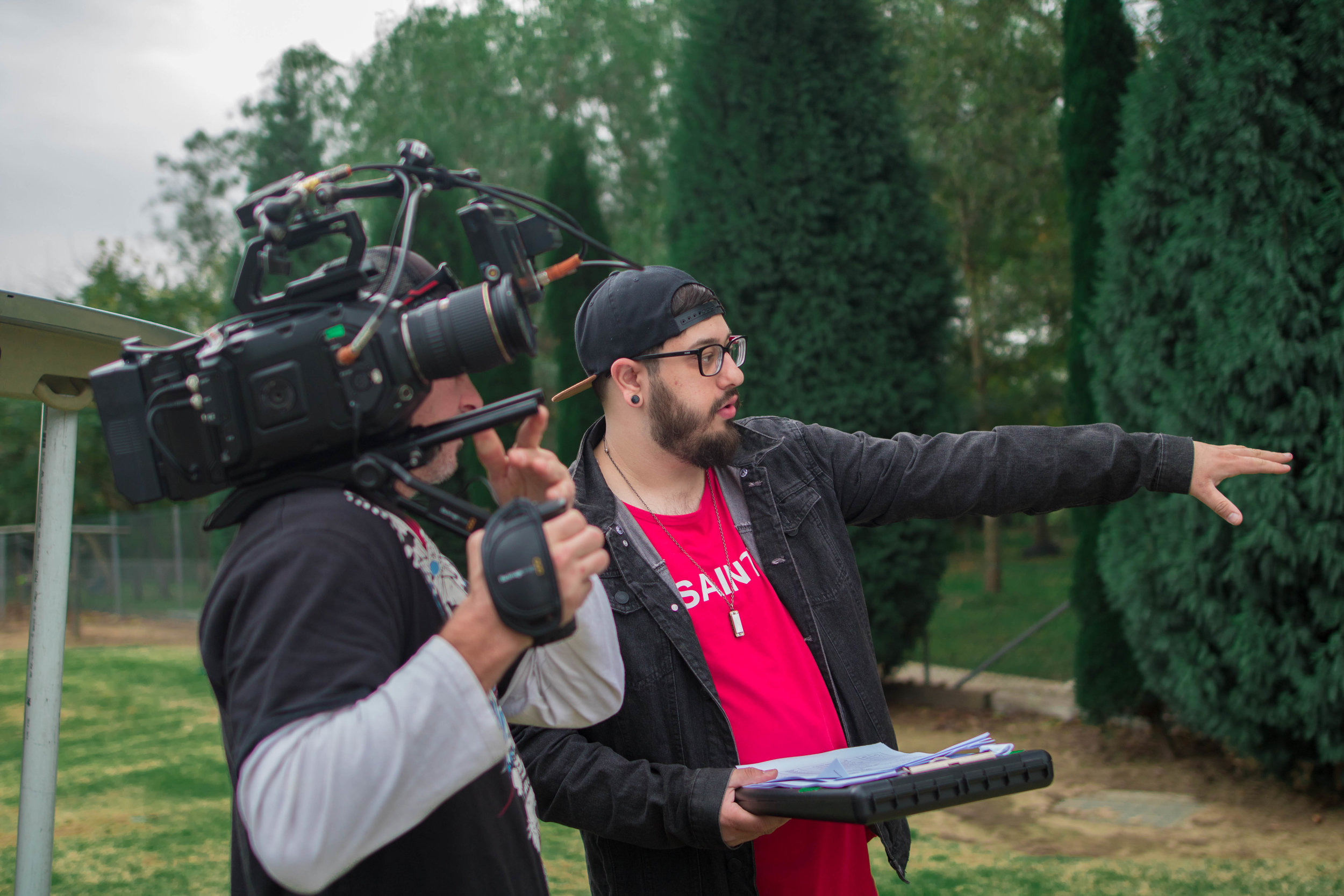 Matt collaborating with DOP Luke Walker on the set of NOBODY LIKES CAMPING (2020)