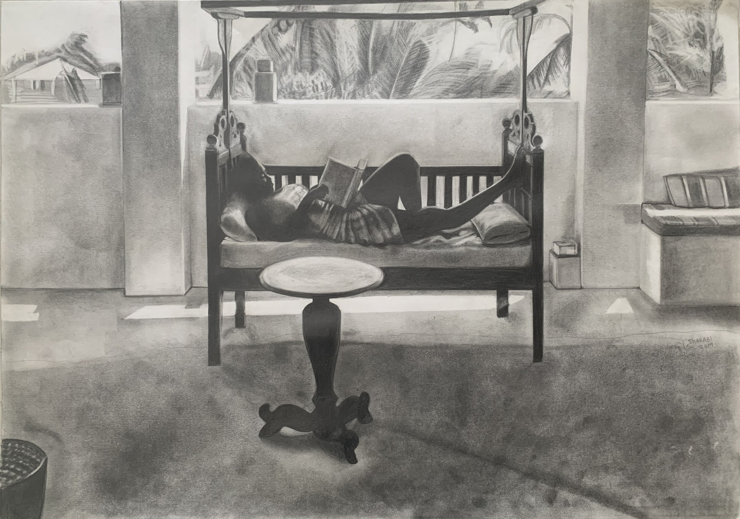 Yasmin Sharabi, Miriam at the Factory, 2018, Pencil and Graphite on paper, 42.5 x 59 cm