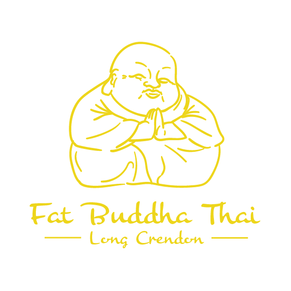 Yellow line drawing of a smiling Buddha with hands in prayer position on a black background, with the text 'Fat Buddha Thai Long Crendon' underneath.