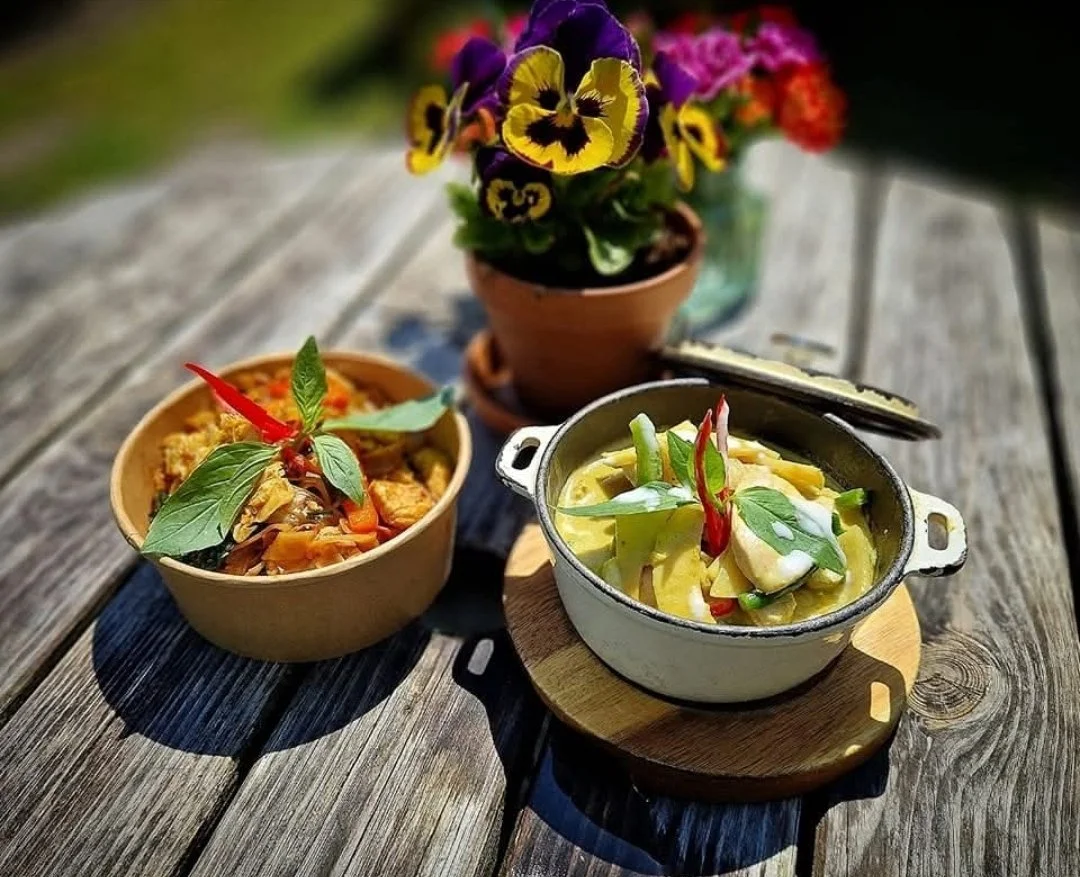 Two bowls of Thai curry on a rustic wooden table, with a potted purple and yellow pansy flower in the background.
