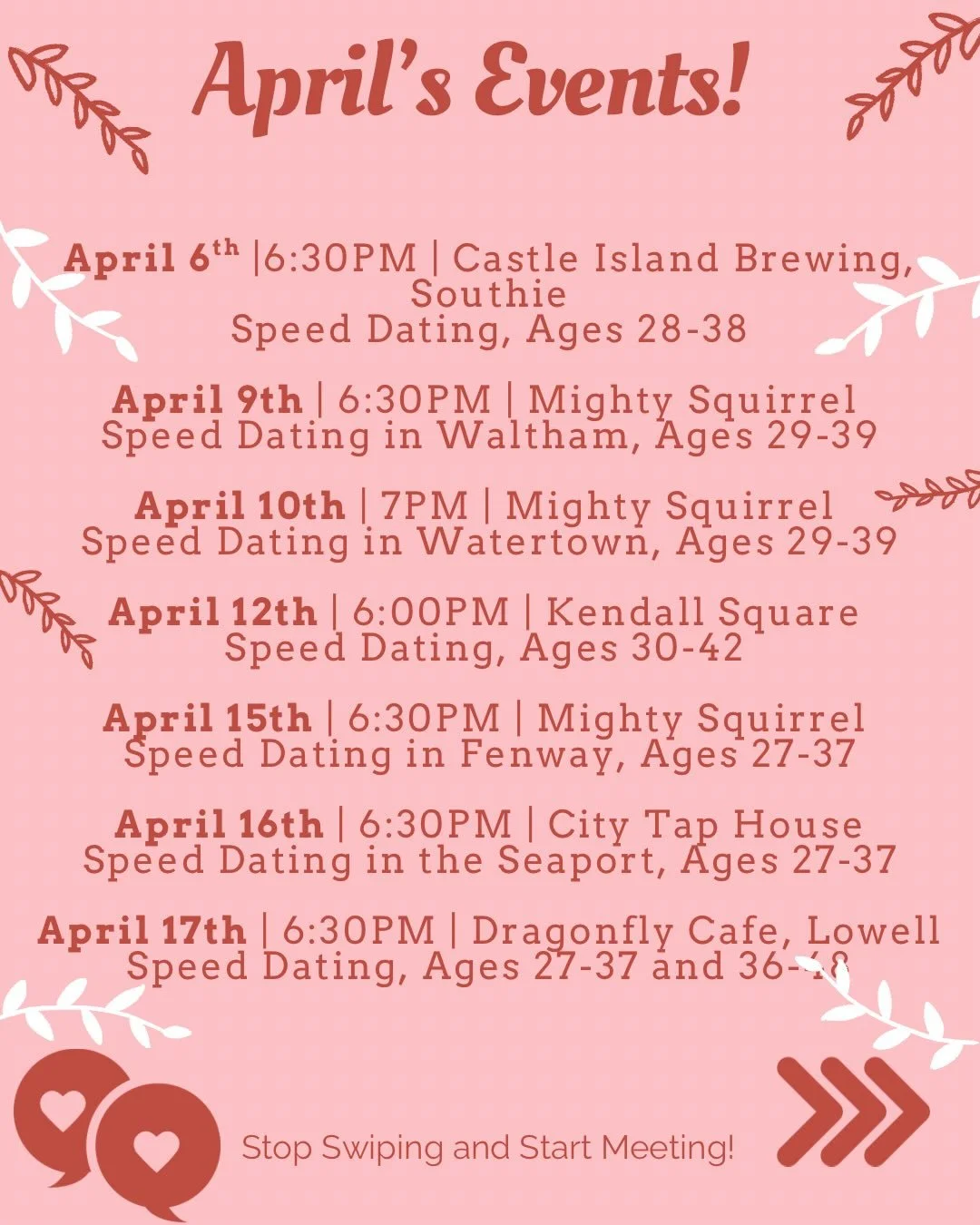 If April ☔️ bring May 🌺, then April&rsquo;s events will bring you May&rsquo;s dates! 
Stop swiping, we have a full calendar for you to meet singles in and around Boston 
💕 Monday @castleislandbeer Southie
💕 6 events with @mightysqrl - 👋 singles i