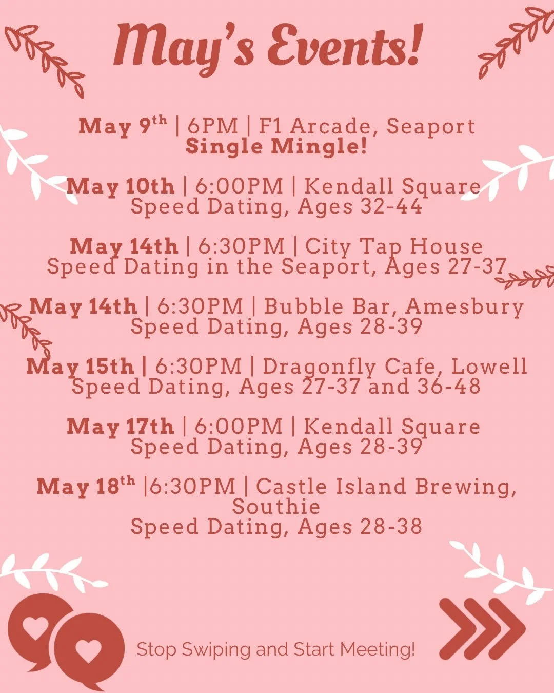 May brings another packed calendar for our singles! 
🏎️Saturday start your engines @f1arcadeusa 
🥂North of Boston? Just 2 seats left for 5/14 @bubblebarbostononmain 
🍻 or join us and @bostonbside @citytapboston 
5/15 Don&rsquo;t miss us at @dragon