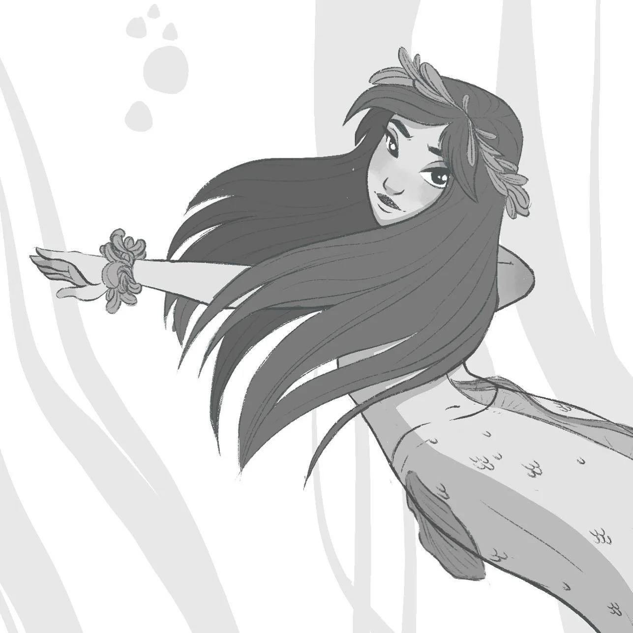WIP detail for my one #mermay post this year! I might do another one depending on timing, but at least for now I got the grayscale sketch/outline done for the 31st prompt &lsquo;Aloha.&rsquo; I&rsquo;ll make sure to post the full sketch soon since I 