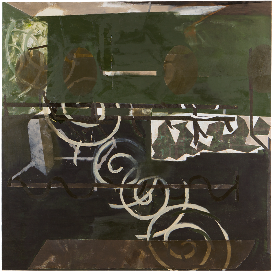 Untitled oil, acrylic ink, polyester stripes, resin on canvas, 150 x 150 cm