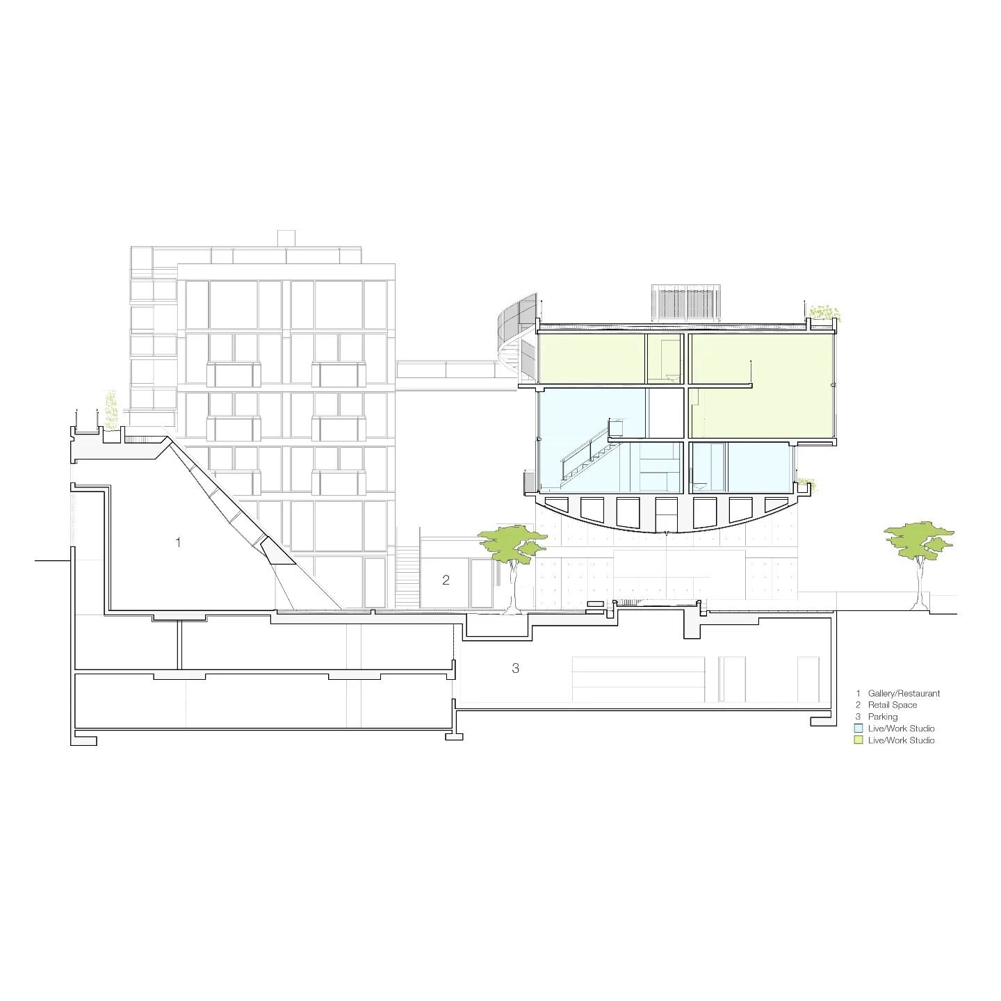 The studios of the Waterfall Building are based on an interlocking unit plan that allows every studio to have a 16-foot-high clear space and exposure in two directions, either north/south or east/west giving every studio natural through-ventilation. 