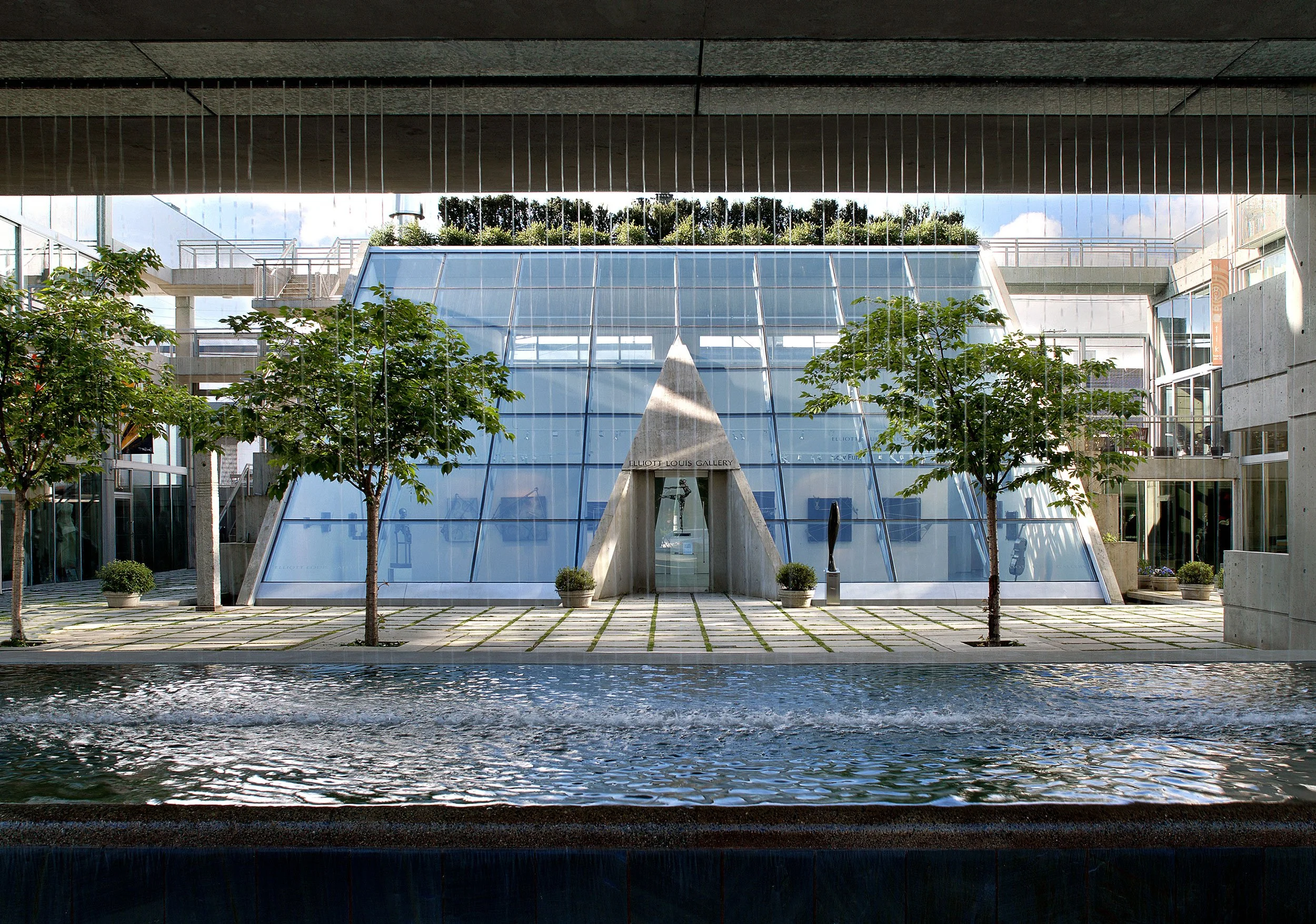 Vertical view of the bridge and falling water curtain.