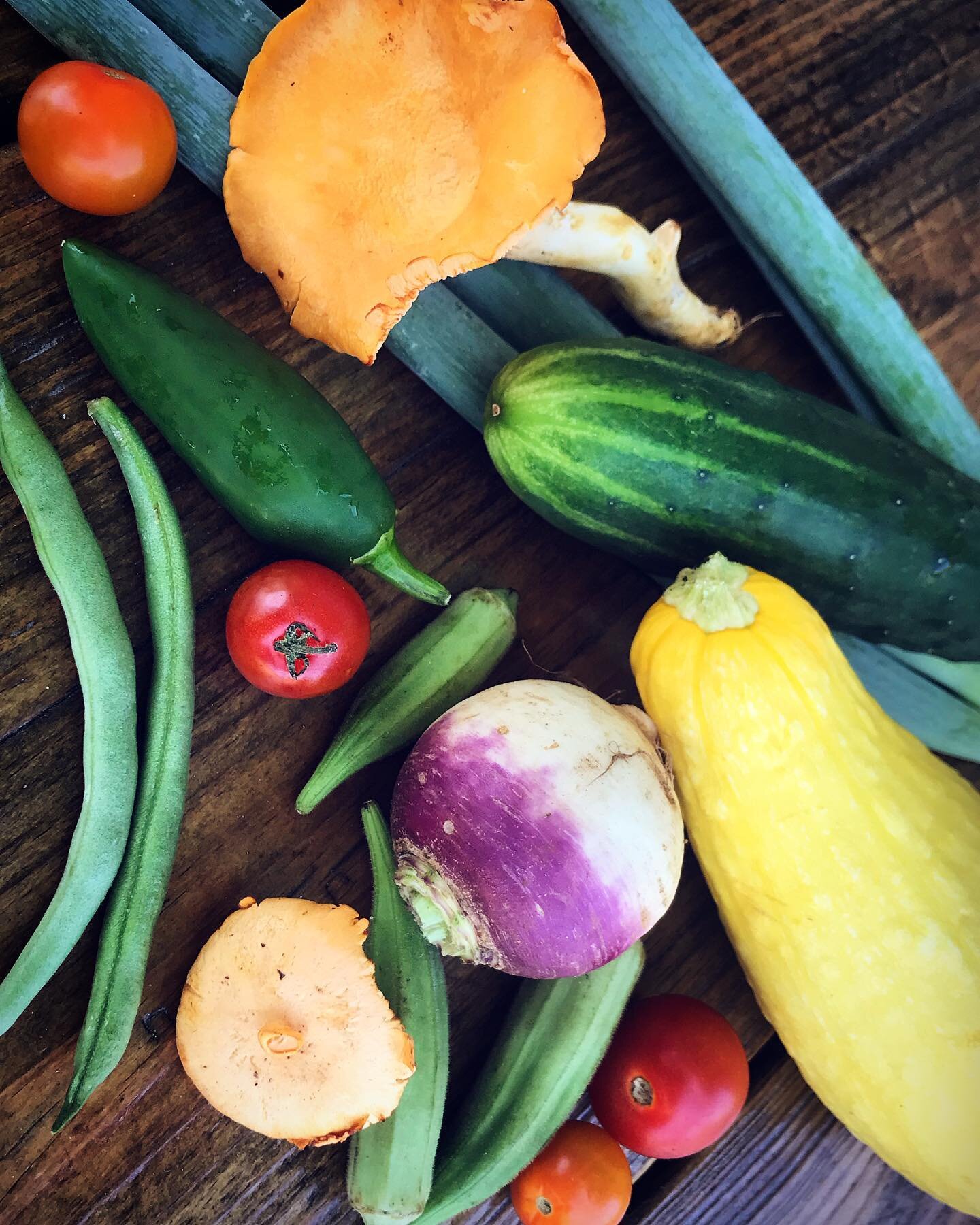 Check out the array of fresh local produce from Smokey Rd Farm! 💛
#supportlocal #eatdaily #squash #cucumbers #greenbeans #tomatoes #turnips #chantrellemushrooms #jalape&ntilde;os #bunchingonions #okra #foodismedicine