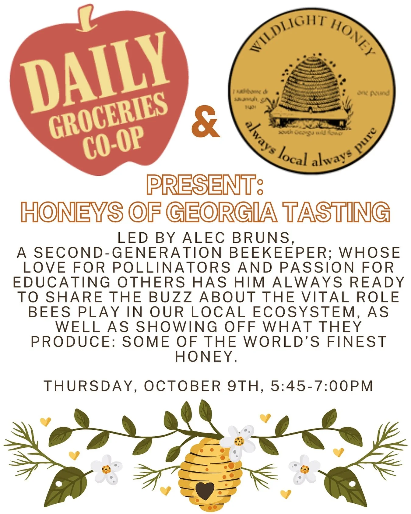 @wild_light_honey will be giving a Honeys of Georgia presentation on October 9th at the @dailycoop ! We will be tasting a variety of honeys including Tupelo, Gallberry and Sourwood - all produced right here in Georgia. As we taste, Alec will talk to 