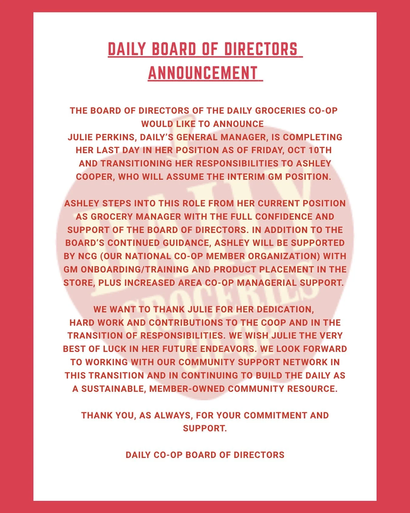 Daily Groceries Co-Op is in transition. Please read above post for details. Thank you, as always for your commitment and support. 🍎 #dailygroceries #dailygroceriescoop #dailygroceriesathensga #boardofdirectors #athensga