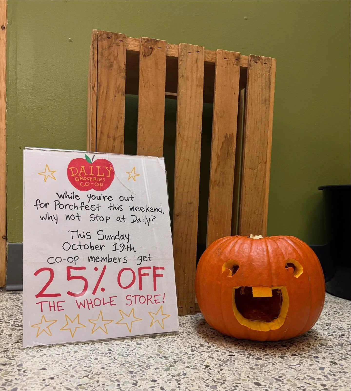 Our pumpkin is extremely excited to announce that we will be having a 25% off sale on Sunday October 19th for all our members! If you&rsquo;re out and about for porch fest stop by for a quick lunch! We&rsquo;d love to see you :)