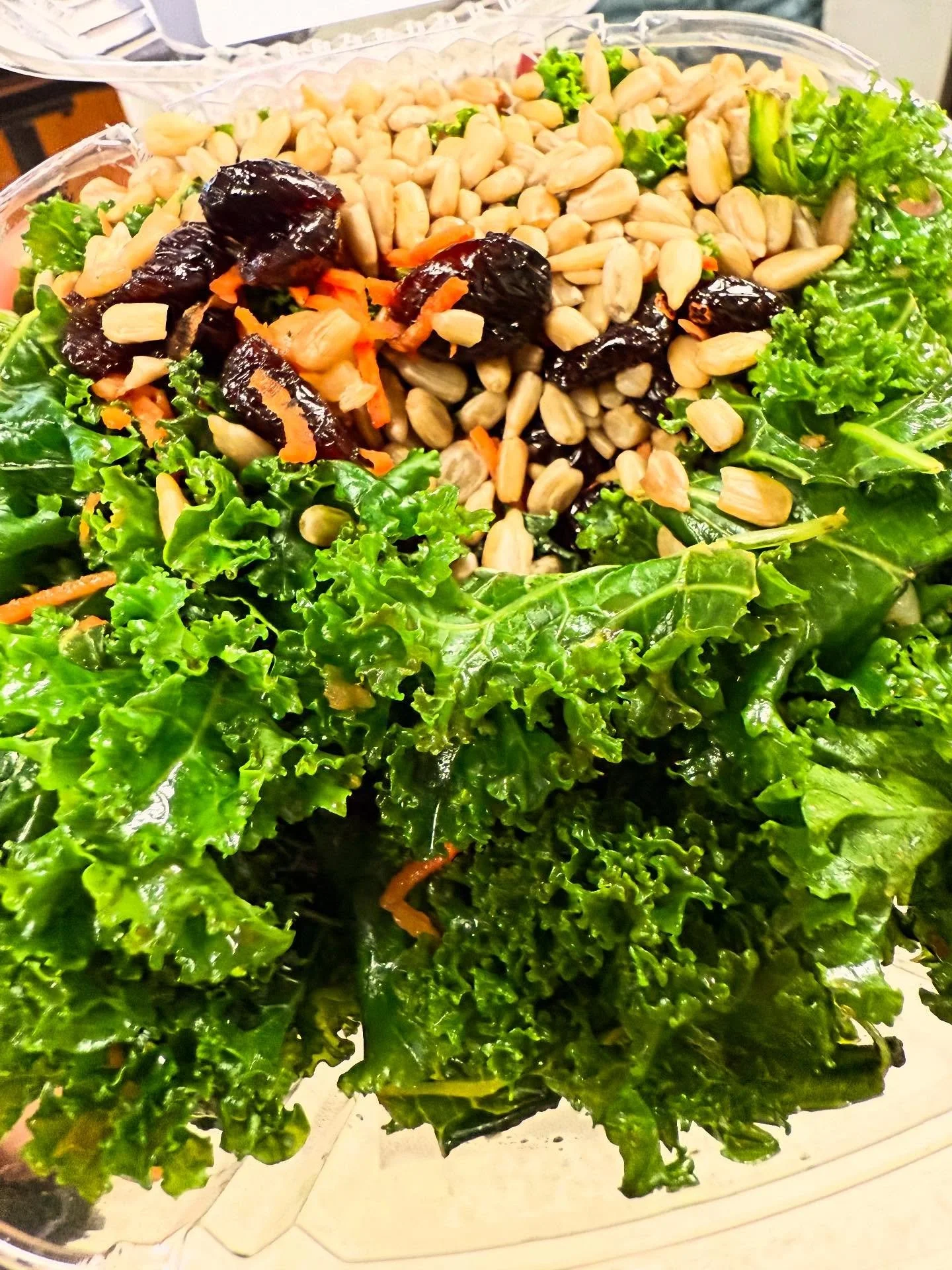 We&rsquo;ve got a new kale salad on deck 🥗 mixed with carrots, dried cranberries, sunflower seeds, lemon juice, garlic, salt and pepper, cayenne, and finished with a simple olive oil and balsamic vinegar dressing 😋 come and grab one with a cup of s
