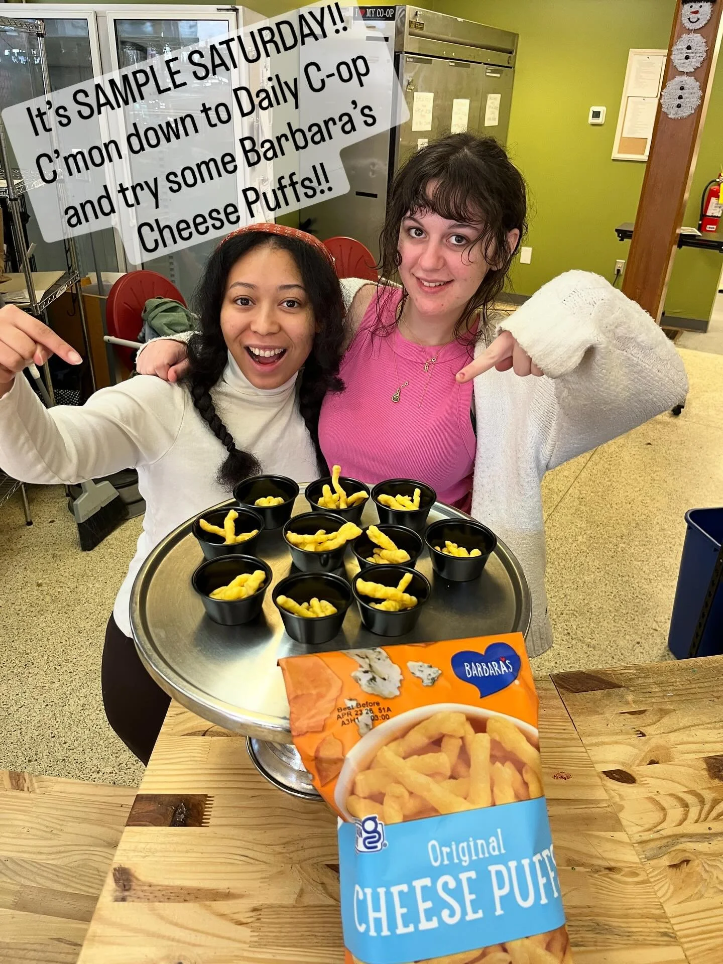 It&rsquo;s Sample Saturday!! Come on down to @dailycoop and try some Barbara&rsquo;s Cheese Puffs 😋💖