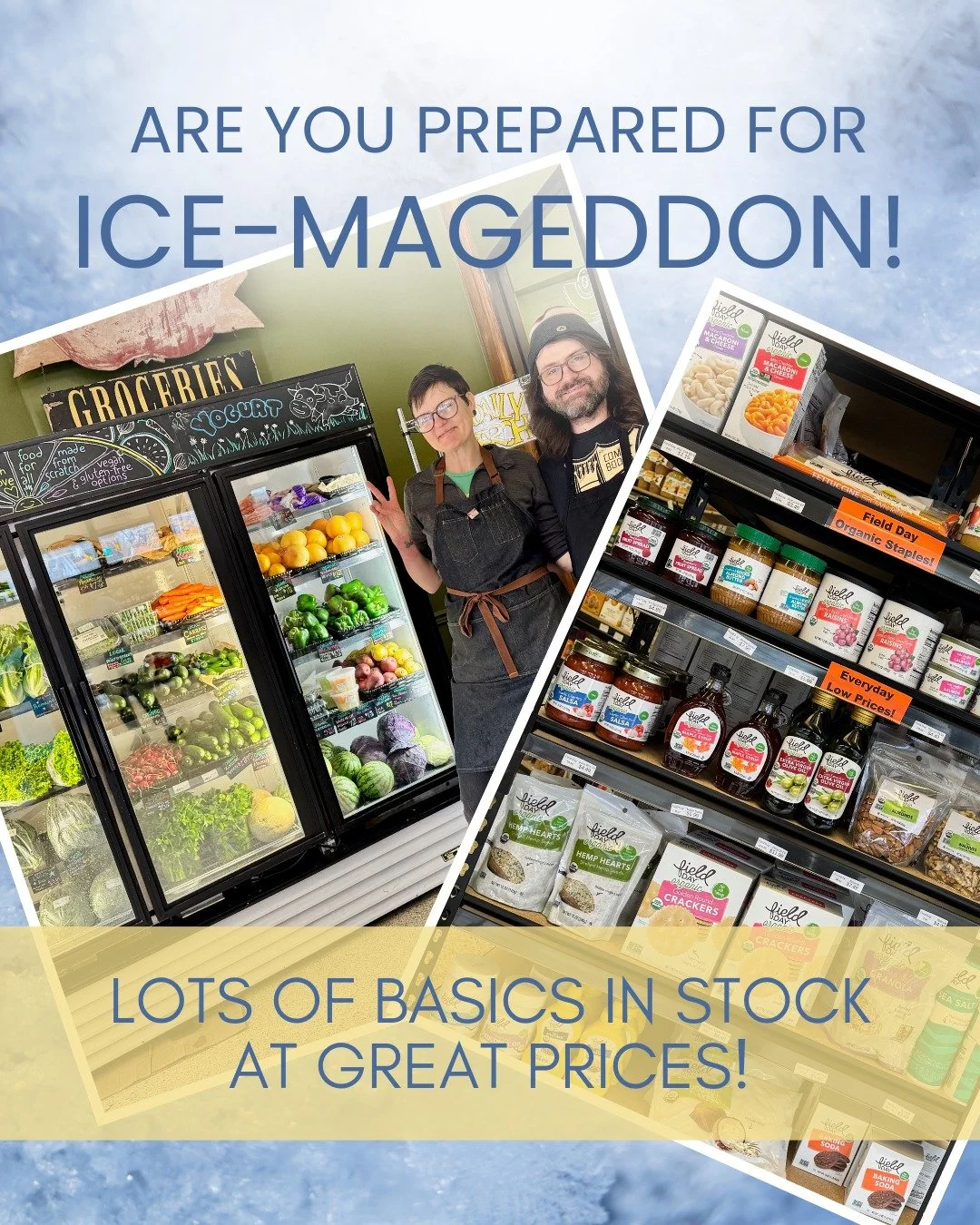 BRRR!! Winter storms are in the forecast! We have many new Field Day Organics products at great prices to fill your pantry, plus produce and milk! Come on in!

@fielddayproducts