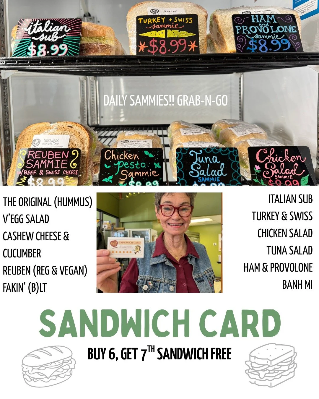 Do you love our house-made sammies? Make sure to get your Sandwich Card the next time you're in the store. Buy 6, your 7th sandwich is on us!

We have gluten-free options, too!

#shoplocal