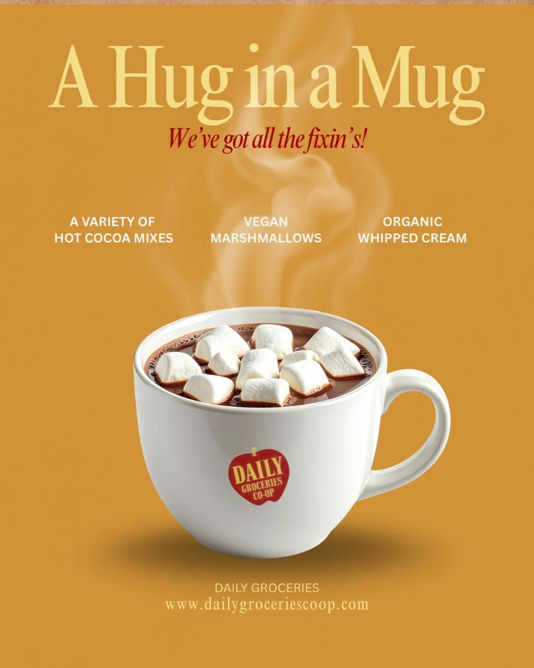 Last weekend, you asked: Where&rsquo;s the hot chocolate?! We heard you and brought in your cocoa supplies, like @sillycow_farms hot chocolate, @mydandies vegan marshmallows, and @naturalbynaturefresh organic whipped cream.