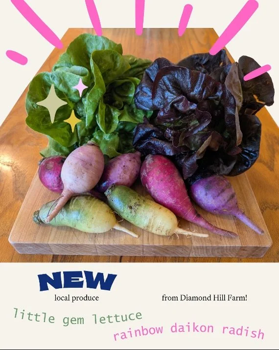 Cute, colorful, local, certified naturally grown! Daikon radishes and little gem lettuces are available this week at Daily Groceries from @diamondhillfarm, harvested just under 10 miles from our store. Try these daikons sliced thin on salads, quick p