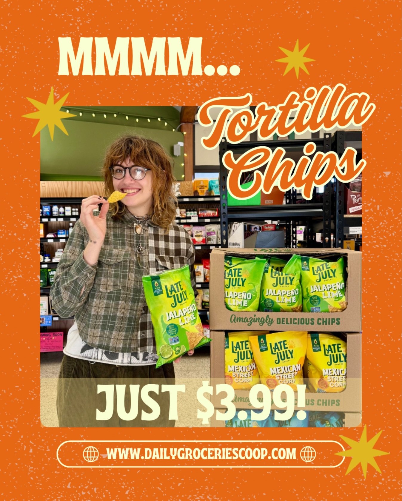 Yum! Crunchy, delicious tortilla chips by @latejulyorganic are in stock in four varieties: jalape&ntilde;o lime, Mexican street corn, garden ranch, and nacho cheese. And only $3.99!
