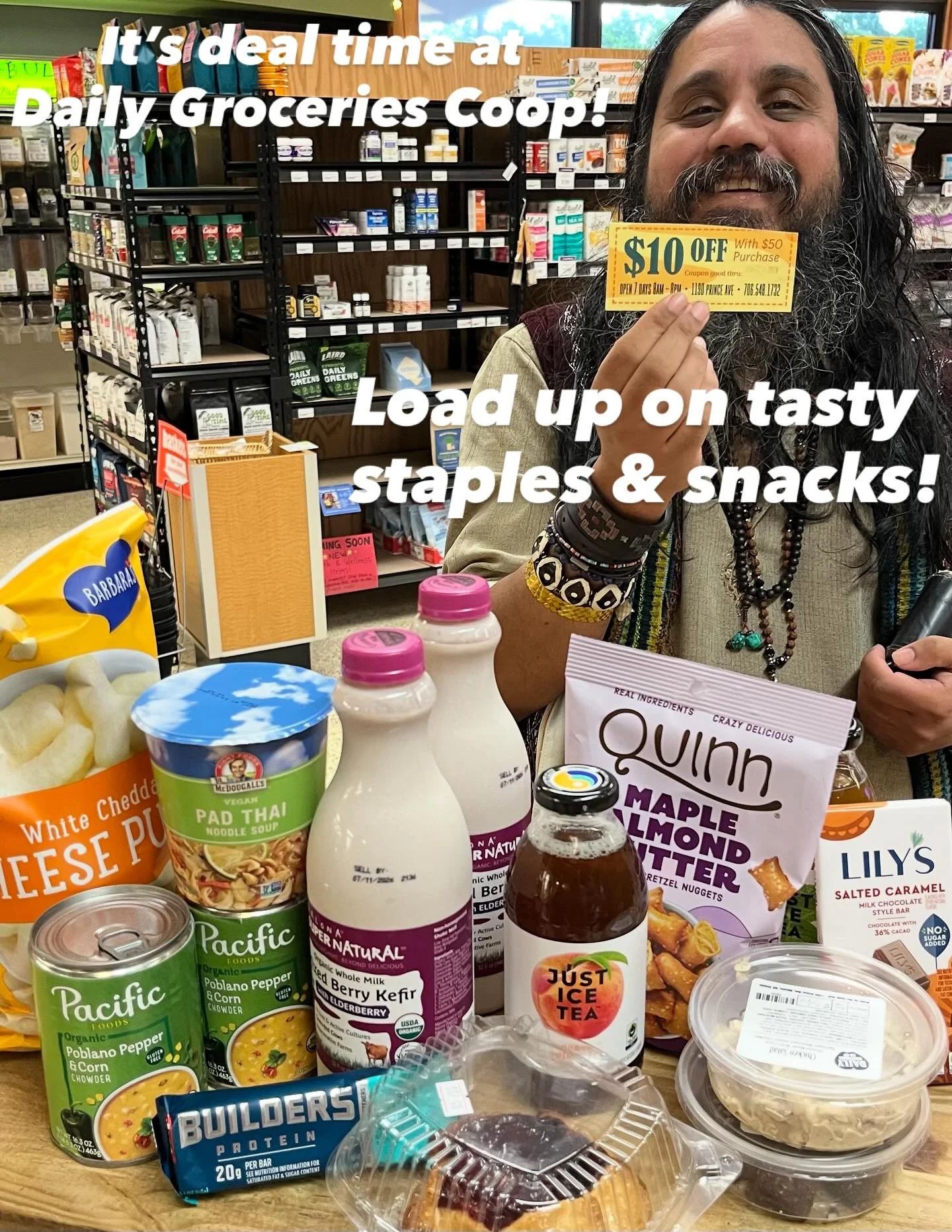 Lower prices, hundreds of new items, lots of organic/vegan/gluten free treats. Come load up on tastiness here at Daily Groceries Co-op! Open DAILY 8am-8pm.