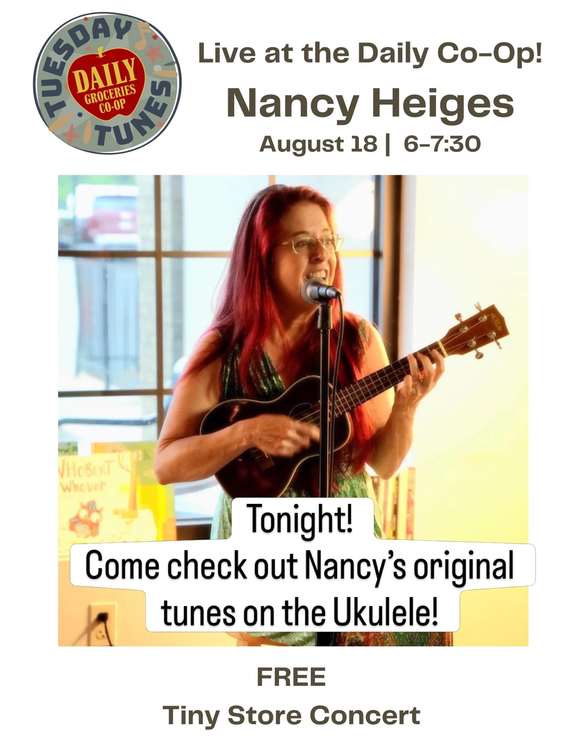 Tonight at Daily! This week&rsquo;s Tuesday Tunes features Nancy Heiges on Ukulele. Come shop local while listening to local tunes, and sit a bit and enjoy the music! Perhaps with a snack, sandwich, bevy, or frozen treat (did you know we have ice cre