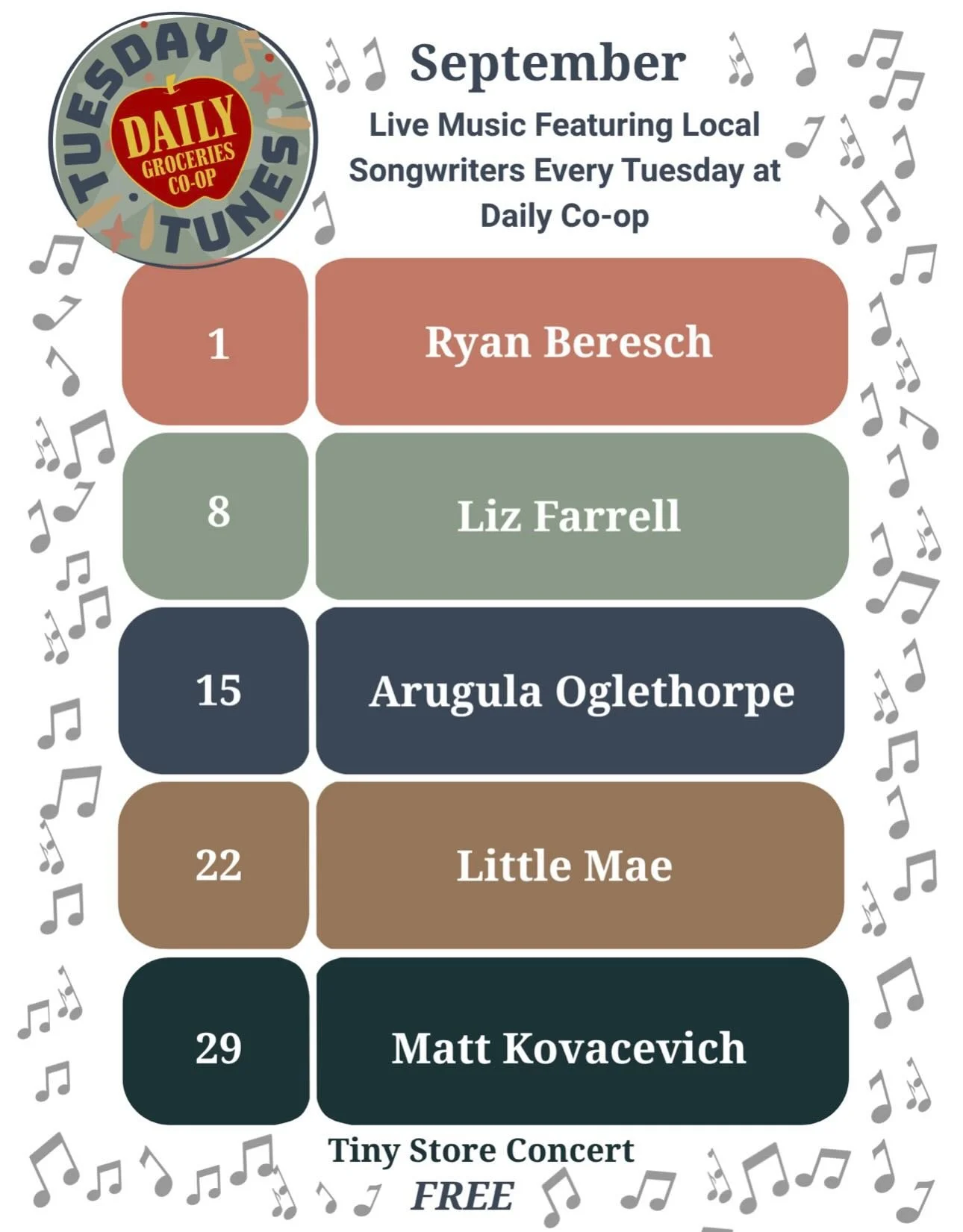 We have an exciting schedule for Tuesday Tunes in September, starting with Ryan Beresch on Sept 1! Mark your calendars and shop local, while enjoying the music of local songwriters!