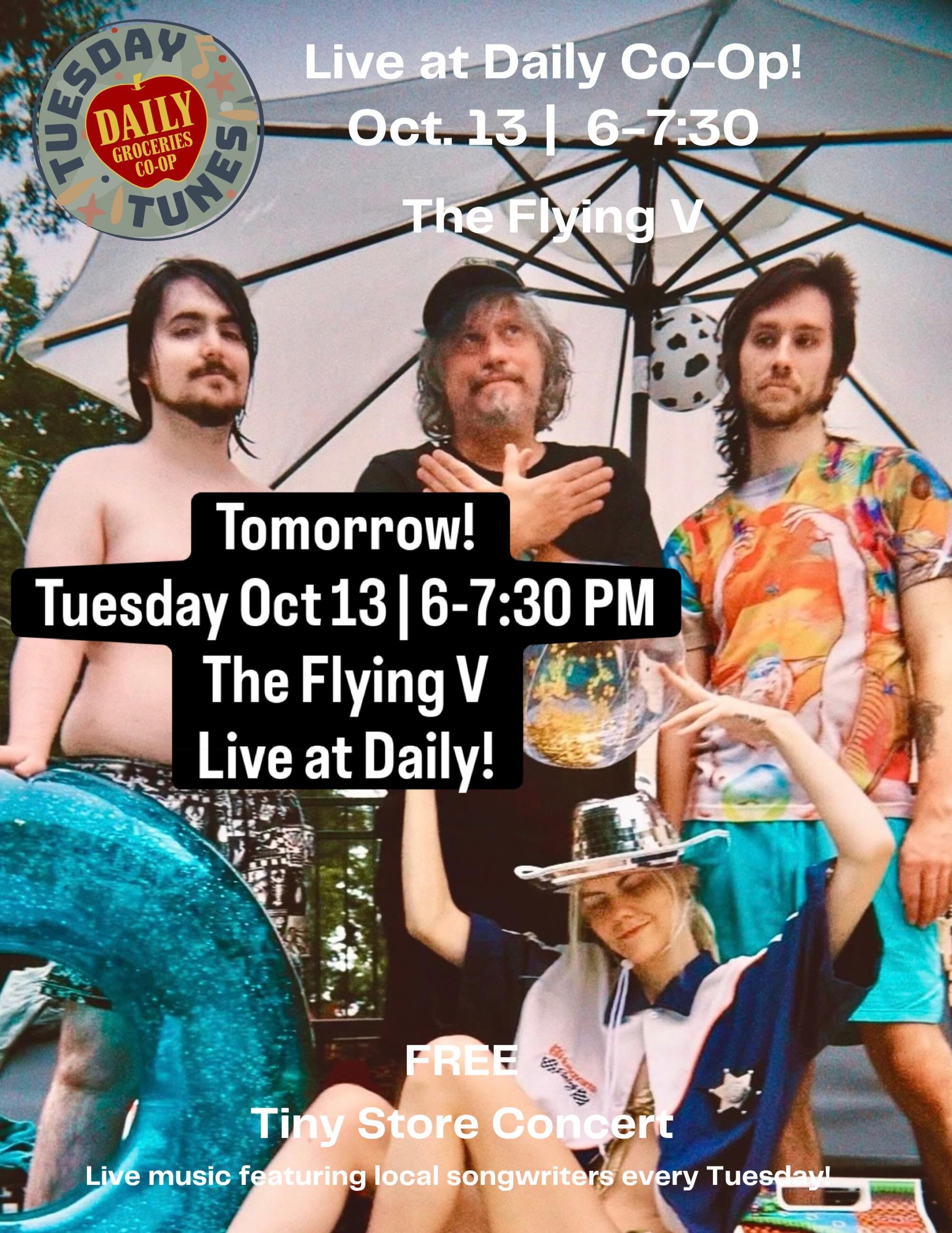 We&rsquo;ll have a full band tomorrow at Daily so come check it out! This will be a record for number of performers so you don&rsquo;t want to miss this incredible set from The Flying V @theflyingv_official! 

Come shop local while Listening to local