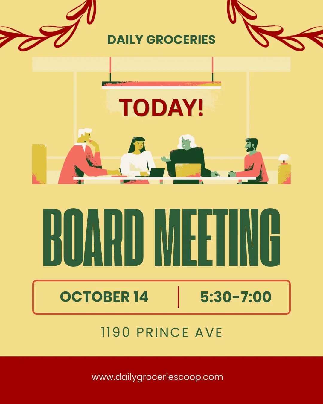 Tonight! Daily Groceries Board Meeting Please join us! We value your input. We'll discuss finalizing our updated member equity plan and several upcoming events.
At Daily Groceries, 5:30 PM.