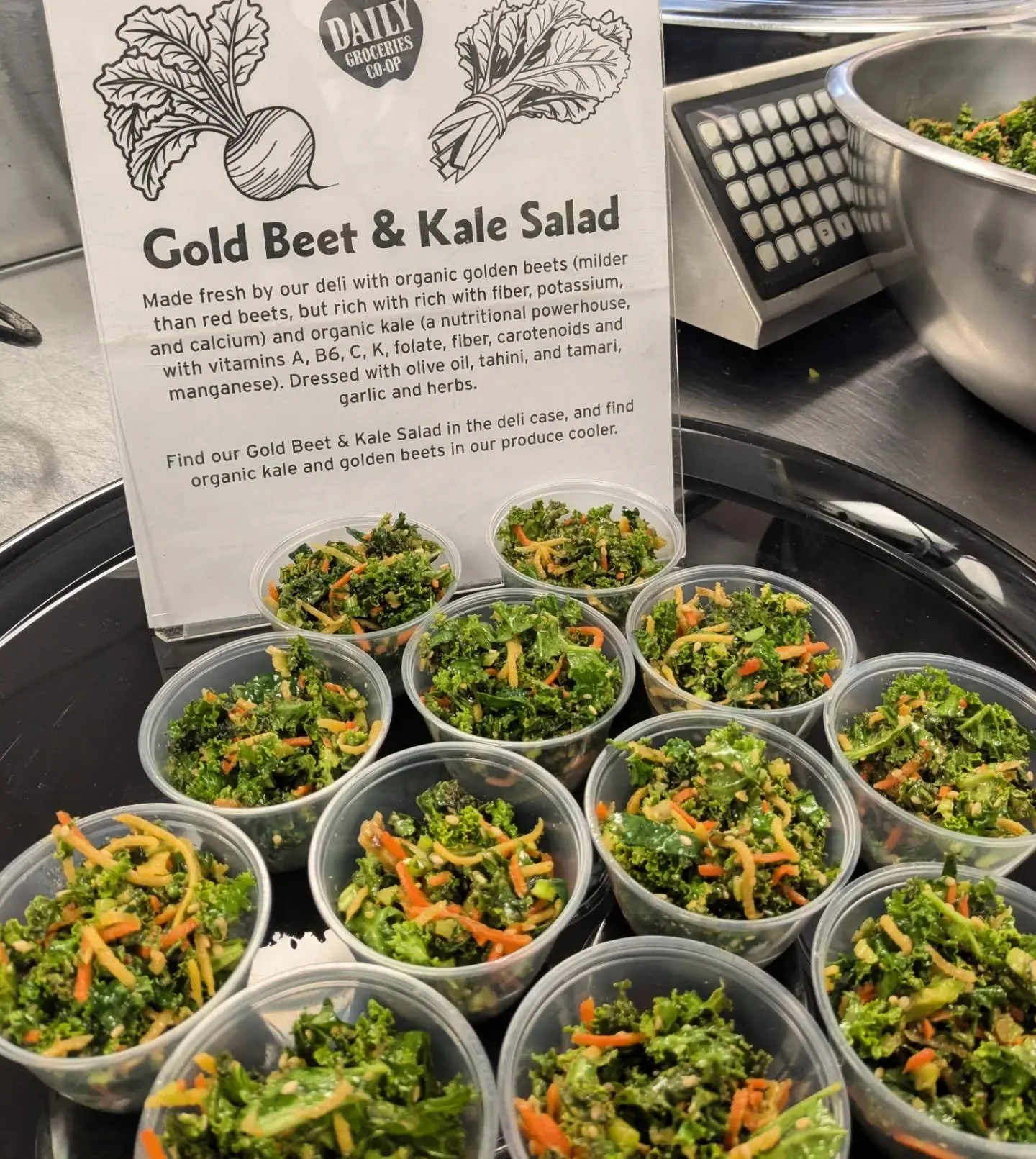 Daily is inaugurating something we're calling "Sample Saturday!" Come on in this afternoon to try our deli's Gold Beet and Kale Salad, made with organic and seasonal veggies!