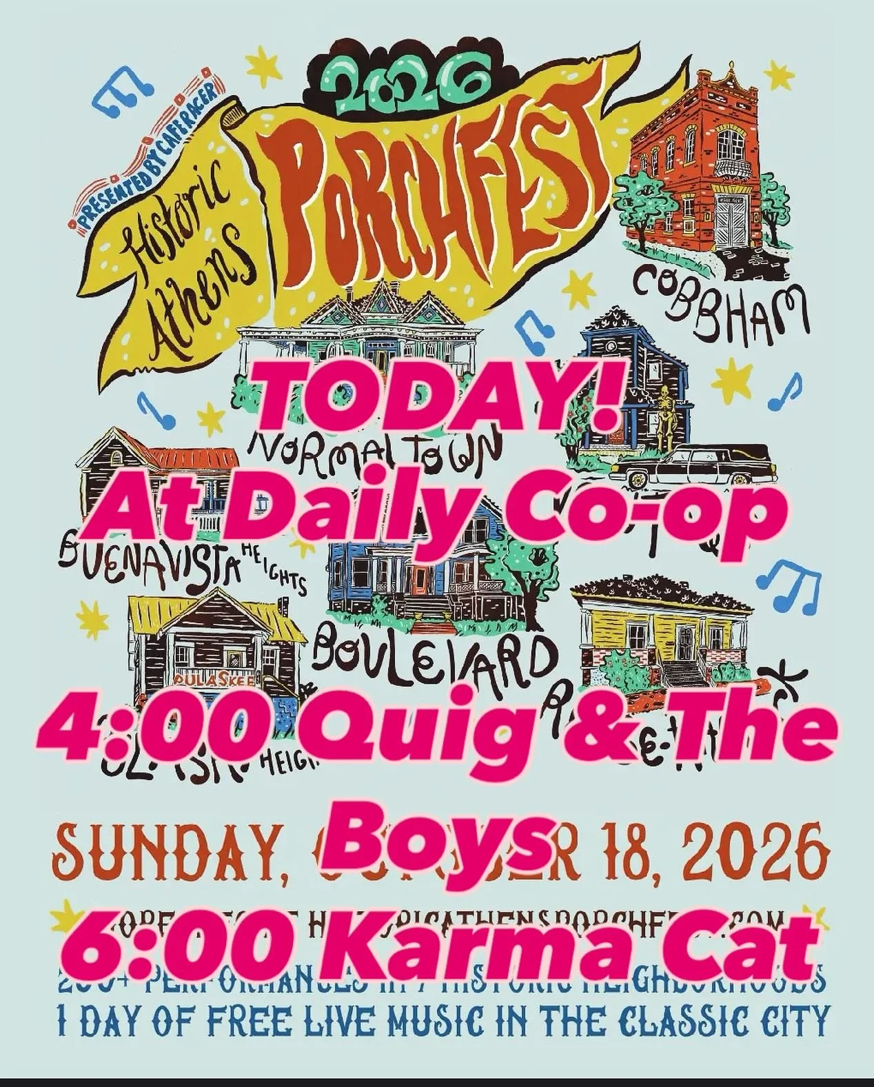 We are thrilled to be hosting two local bands today for Porchfest! Come by Daily and enjoy Quig &amp; The Boys (4 pm) and Karma Cat (6 pm)!