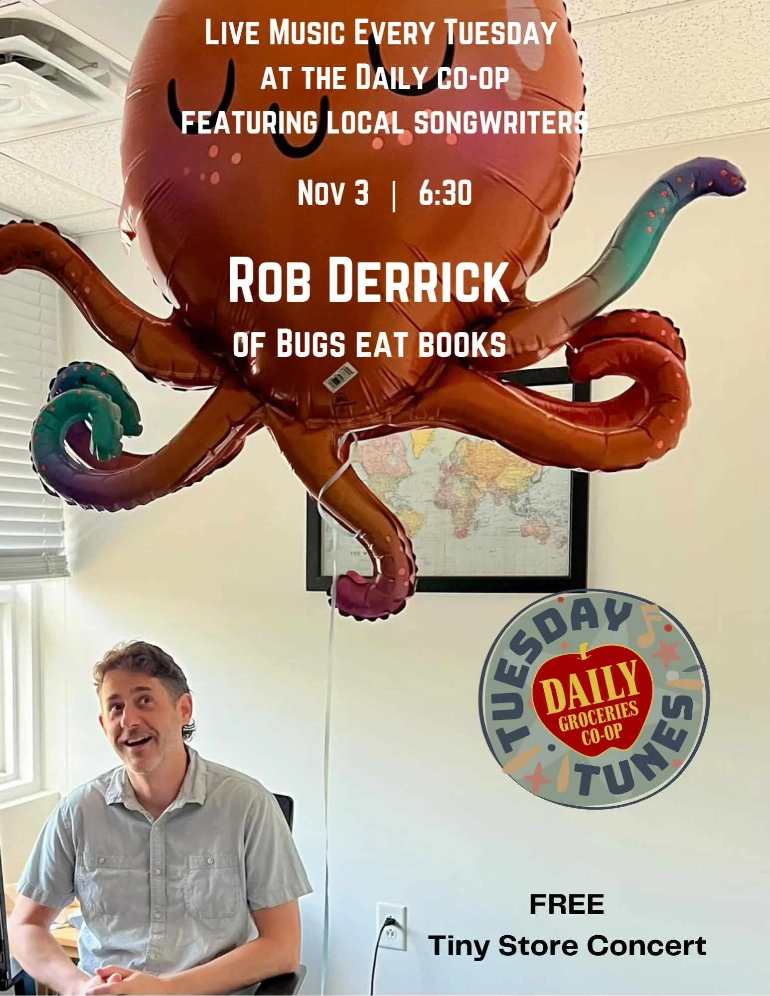We&rsquo;ll have some great musicians and songwriters playing at Daily in November, starting with Rob Derrick from Bugs Eat Books on Tuesday, Nov 3. Get ready for some wild and weird indie-pop originals! 

Rob starts at 6:30 sharp! Hope to see you on