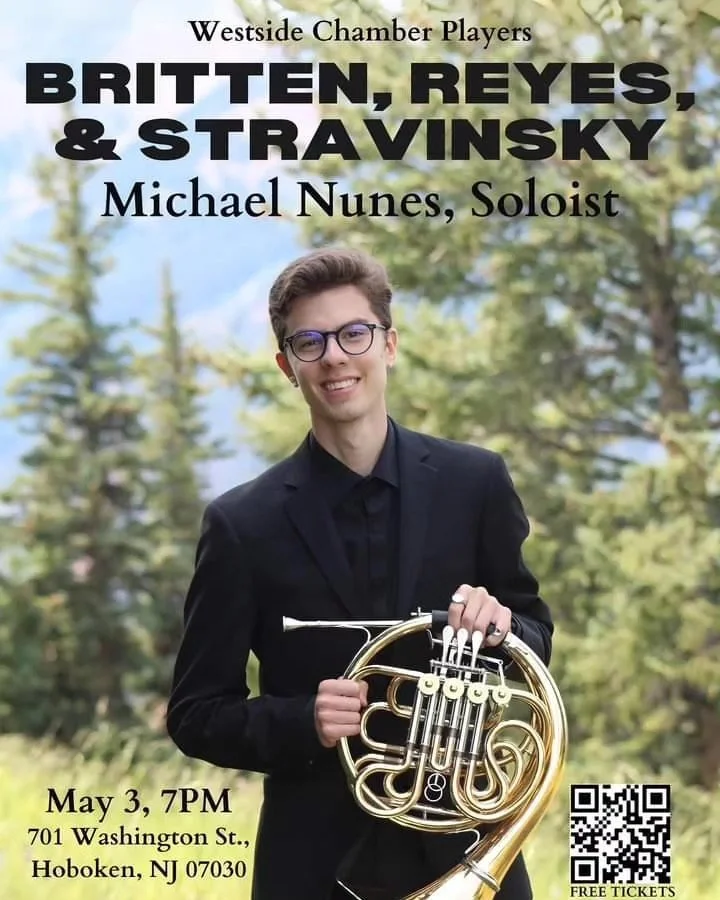 Save the date! Only two weeks until @singliftsam and I perform Britten's Serenade for Tenor, Horn, and Strings with the @westsidechamberplayers ! We can't wait to share all of our hard work with as many people as possible! Admission is free, simply s