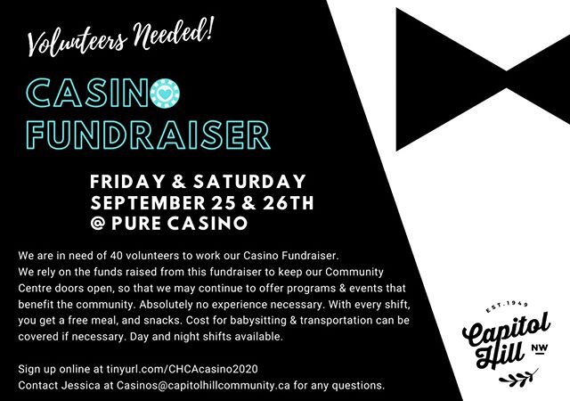 Call To Action:⠀⠀⠀⠀⠀⠀⠀⠀⠀
&bull;⠀⠀⠀⠀⠀⠀⠀⠀⠀
Capitol Hill Community Association are looking for volunteers to help us raise funds at our annual Casino Fundraiser⠀⠀⠀⠀⠀⠀⠀⠀⠀
&bull;⠀⠀⠀⠀⠀⠀⠀⠀⠀
This is a crucial fundraising event, to ensure our community centre