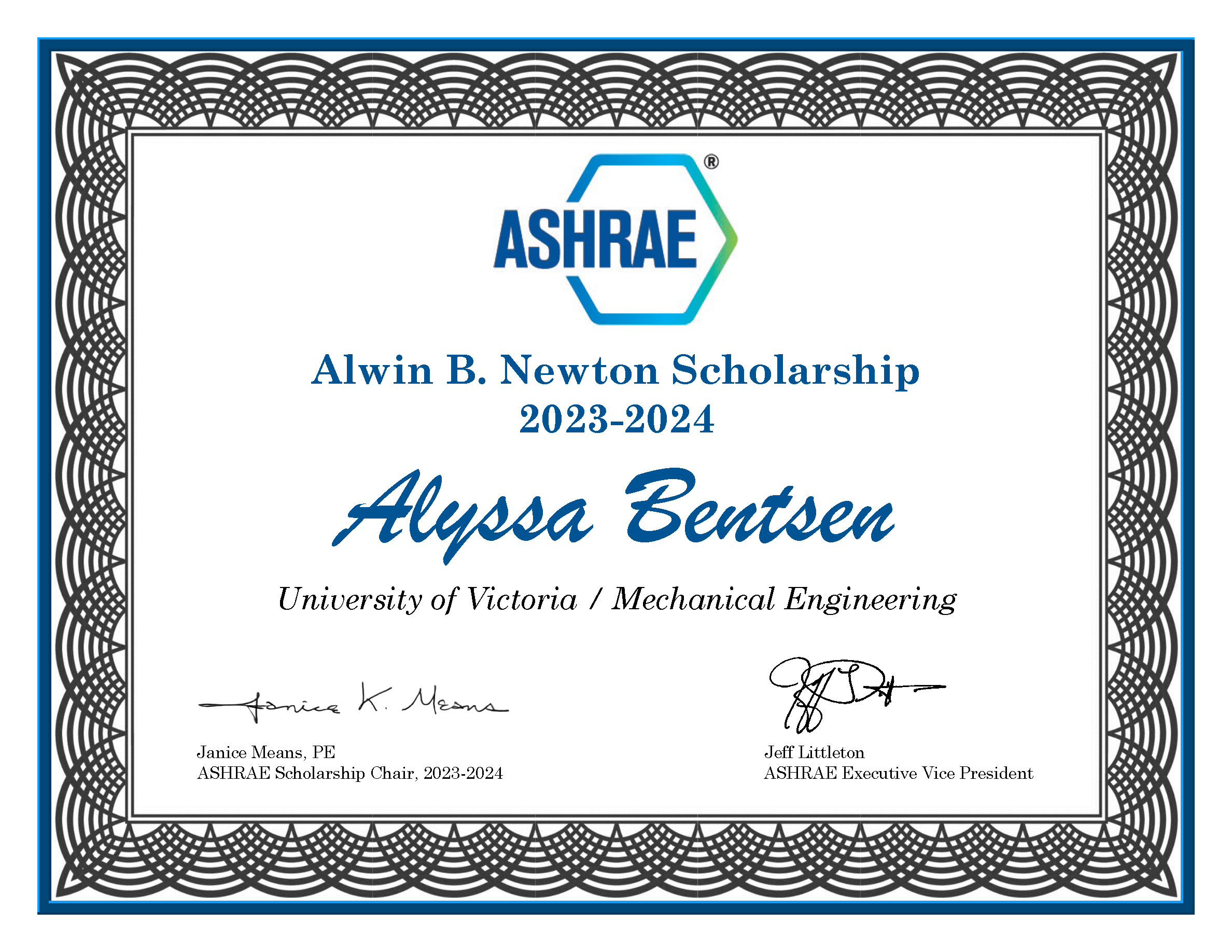 Alyssa Bensten Certificate 2023 2024 Alein B Newton Scholarship.png