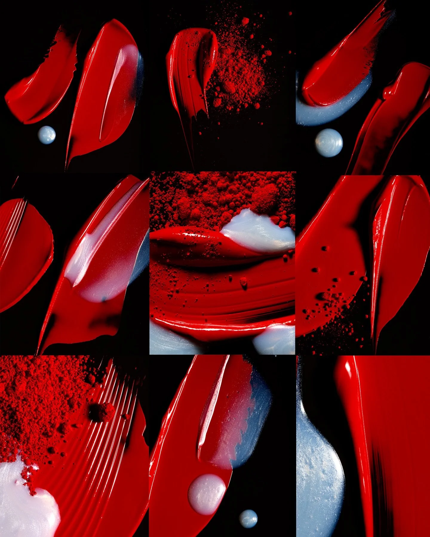 A texture study in black, red, and pearl.