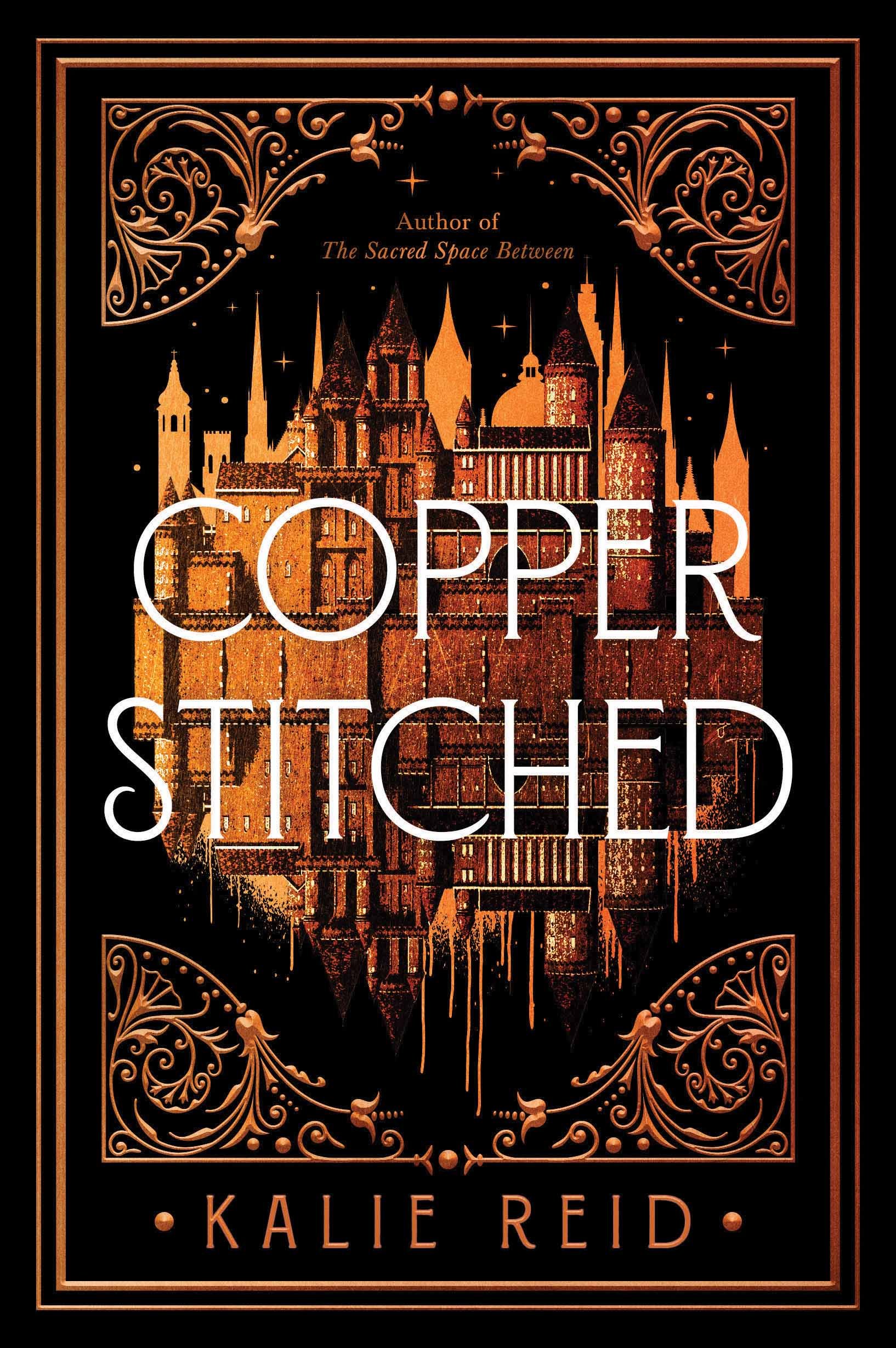 Book cover for 'Copper Stickered' by kale Reid, featuring a black background with orange ornate borders and cityscape silhouette with stars.