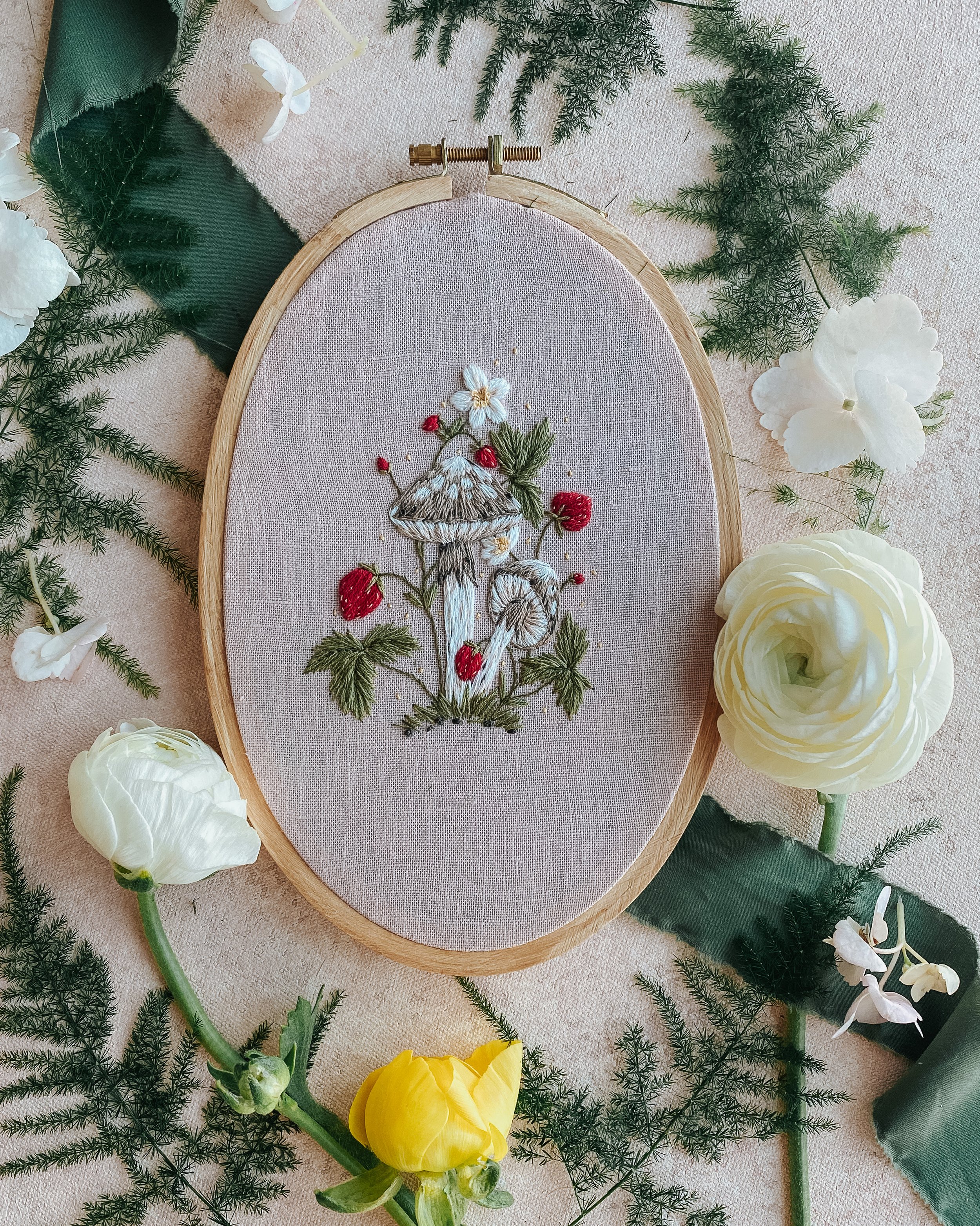 Botanical Mushrooms & Strawberries Embroidery Kit — HARVEST GOODS CO.