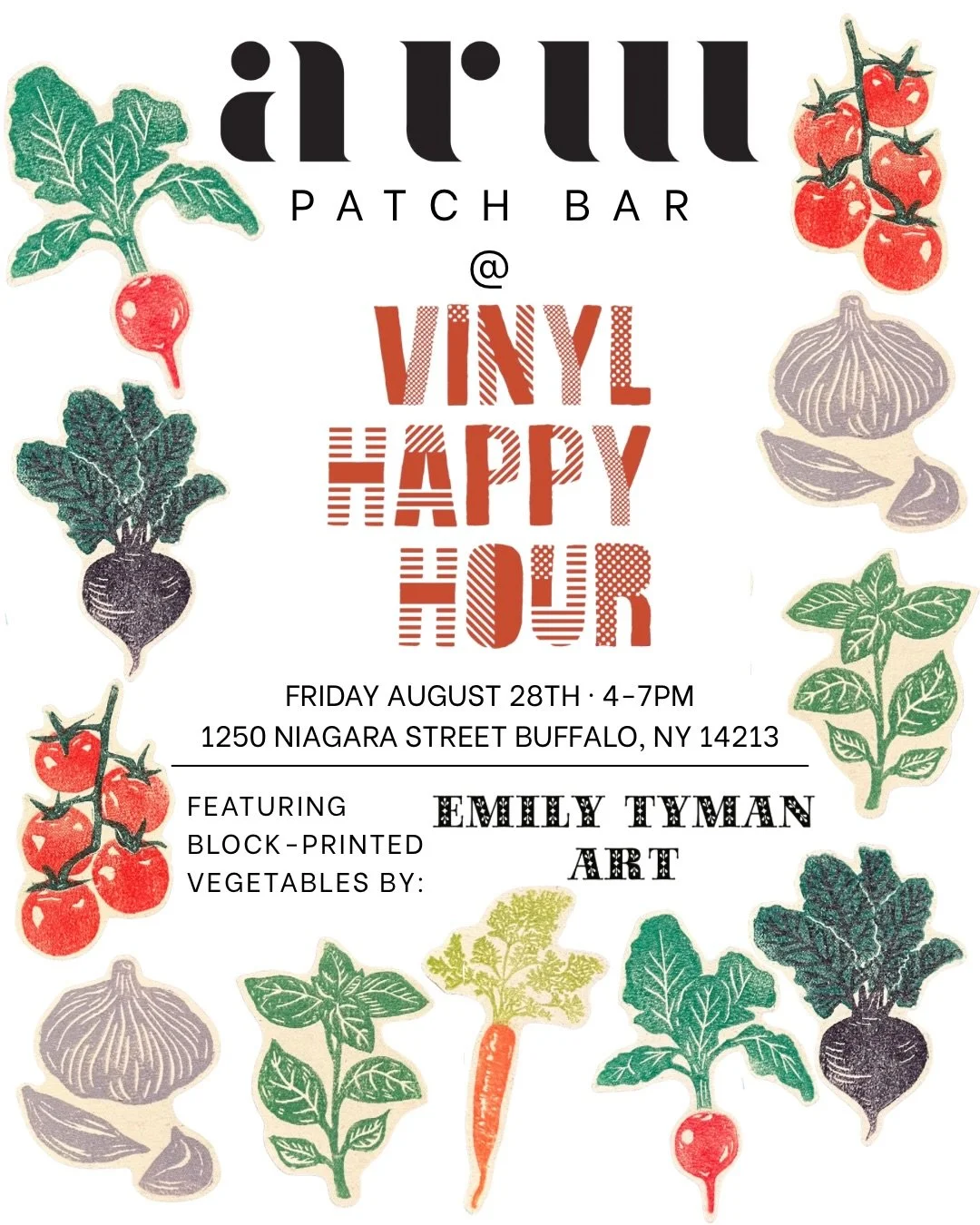 This Friday I&rsquo;ll be sewing patches at Vinyl Happy Hour on Niagara Street! 

Stop by and get a block-printed vegetable print from @emilytymanart sewn on anything! Or bring your own patches to get them sewn on! 

@daddys.plants 
@niagarastreetvin