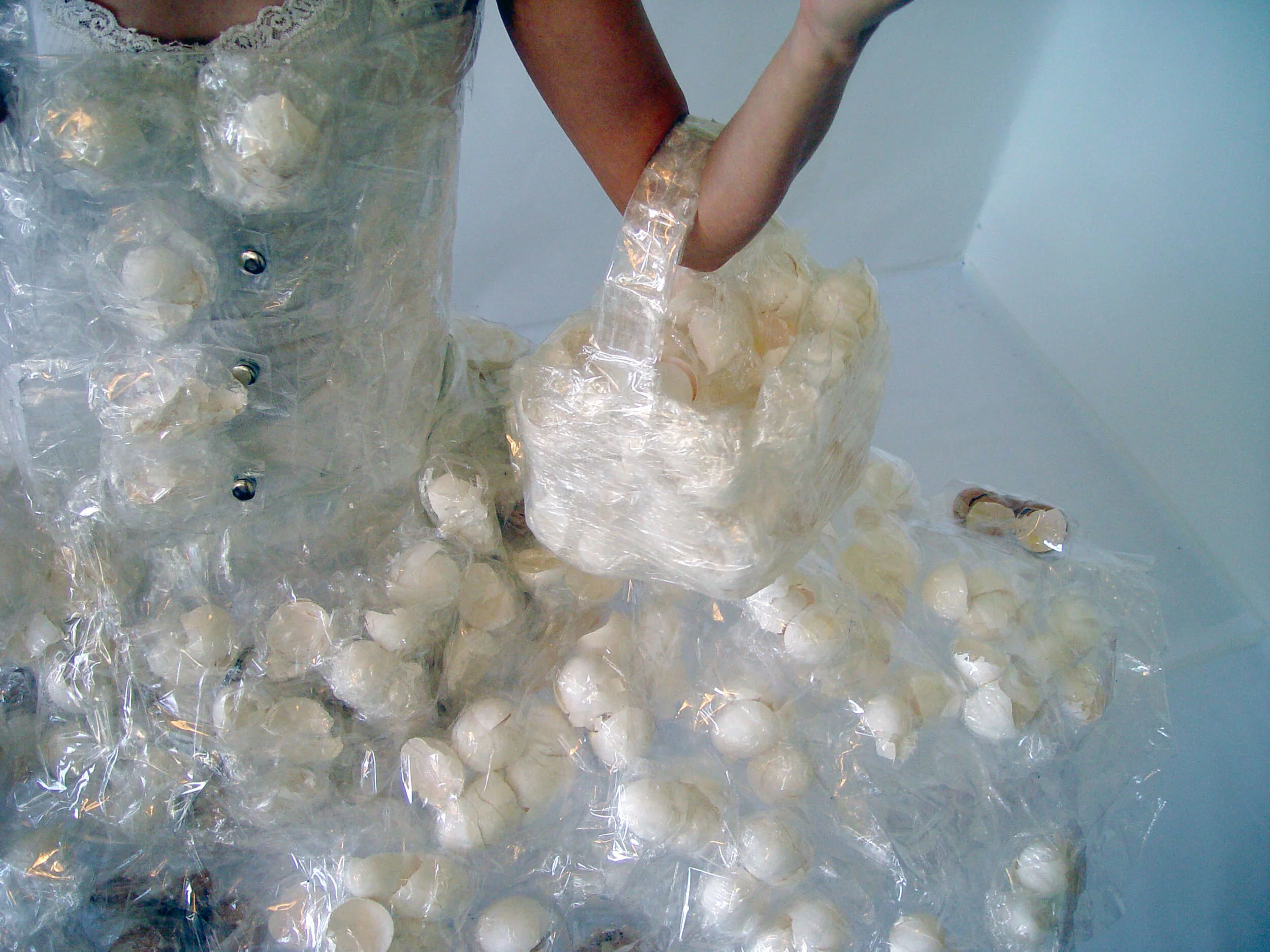   Dress for Today no.6 Part I , Shrink-wrapped eggshells, Performance for video, 2008 