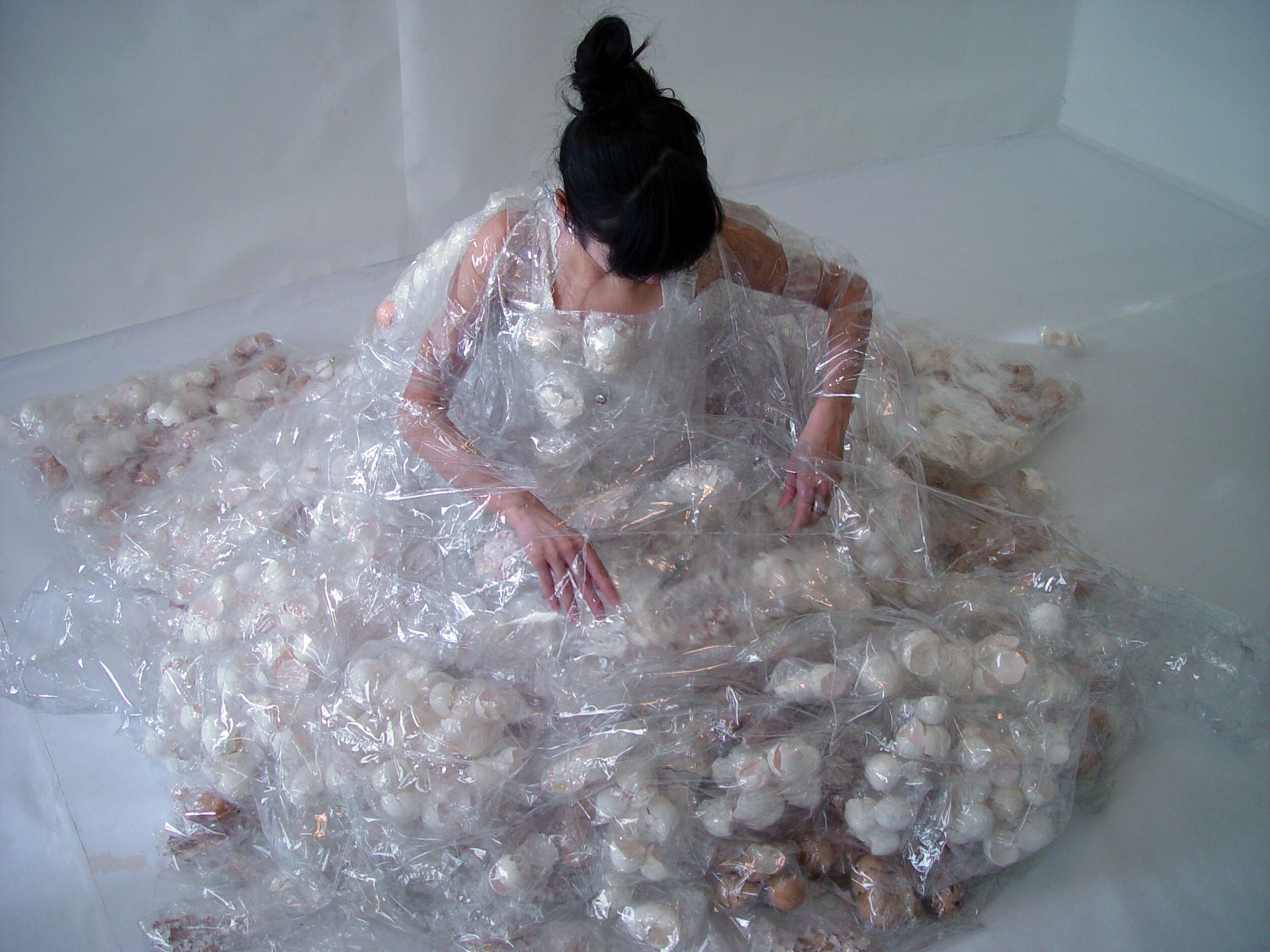   Dress for Today no.6 Part II , Shrink-wrapped eggshells, Performance for video, 2008 