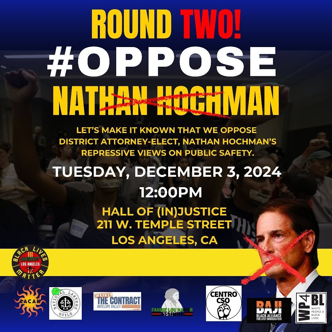 ROUND 2 of #OpposeNathanHochman TODAY AT NOON - HALL OF (IN)JUSTICE, 211 W. Temple (Spring St. side)&hellip;
Yesterday Hochman wanted to duck, dodge and hide behind metal gates as we stood together and made it be known that we oppose his repressive p