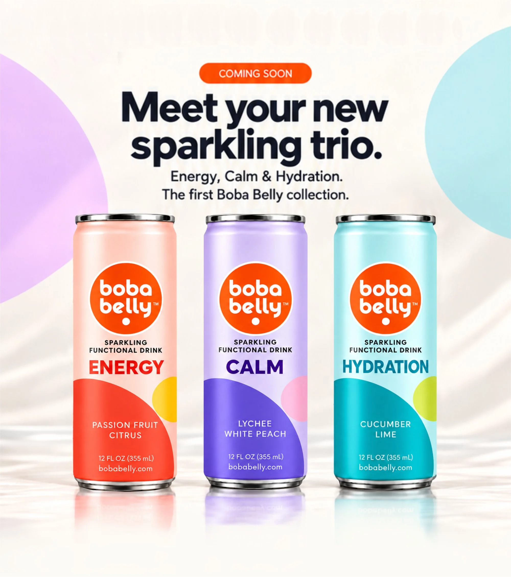 Three cans of Boba Belly sparkling functional drinks in orange, purple, and blue. The cans are positioned in a row with a light background, and the text on the image promotes the new drink collection with flavors named Passion Fruit Citrus, Lychee White Peach, and Cucumber Lime, emphasizing energy, calm, and hydration benefits.