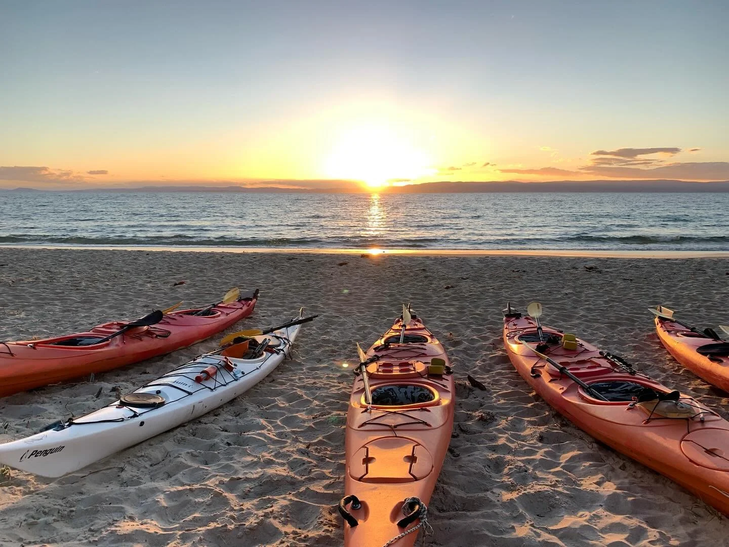 Freycinet group of kayaks on sand with sunset over water.jpg