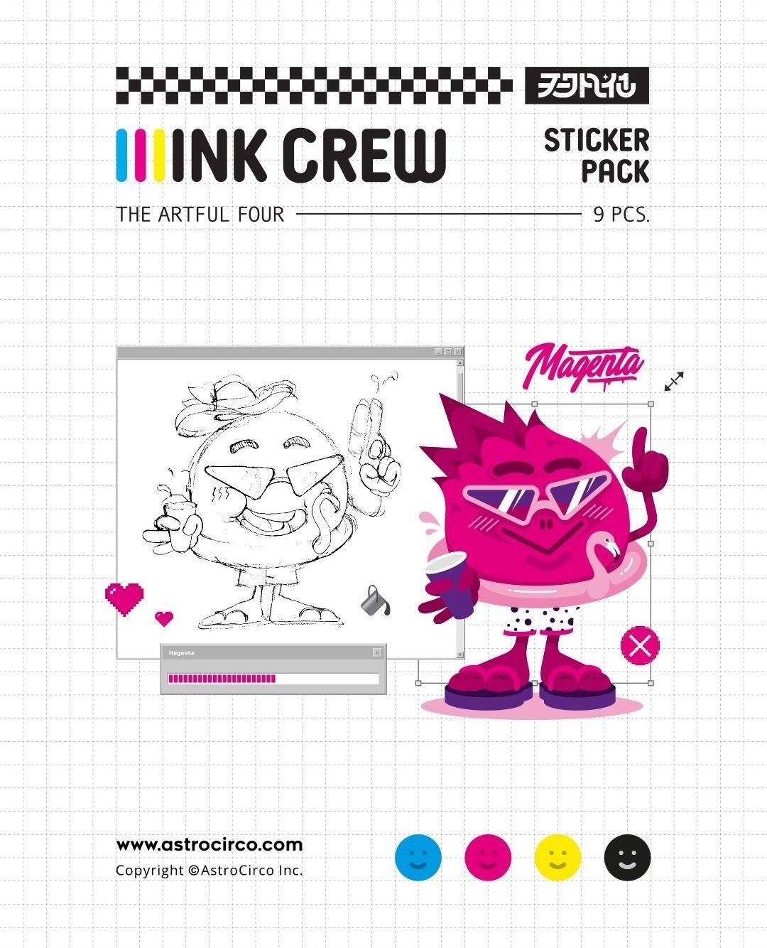One of INK CREW characters, MAGENTA. 
A red dragon fruit 🩷
The new sticker pack is now available on our shop. ⁠
.⁠
.⁠
.⁠
#astrocircostudio #CMYK #INK #adobe #behance #graphicdesign #stickyfinger #magenta #digitalillustration #ipaddrawing #stickers #